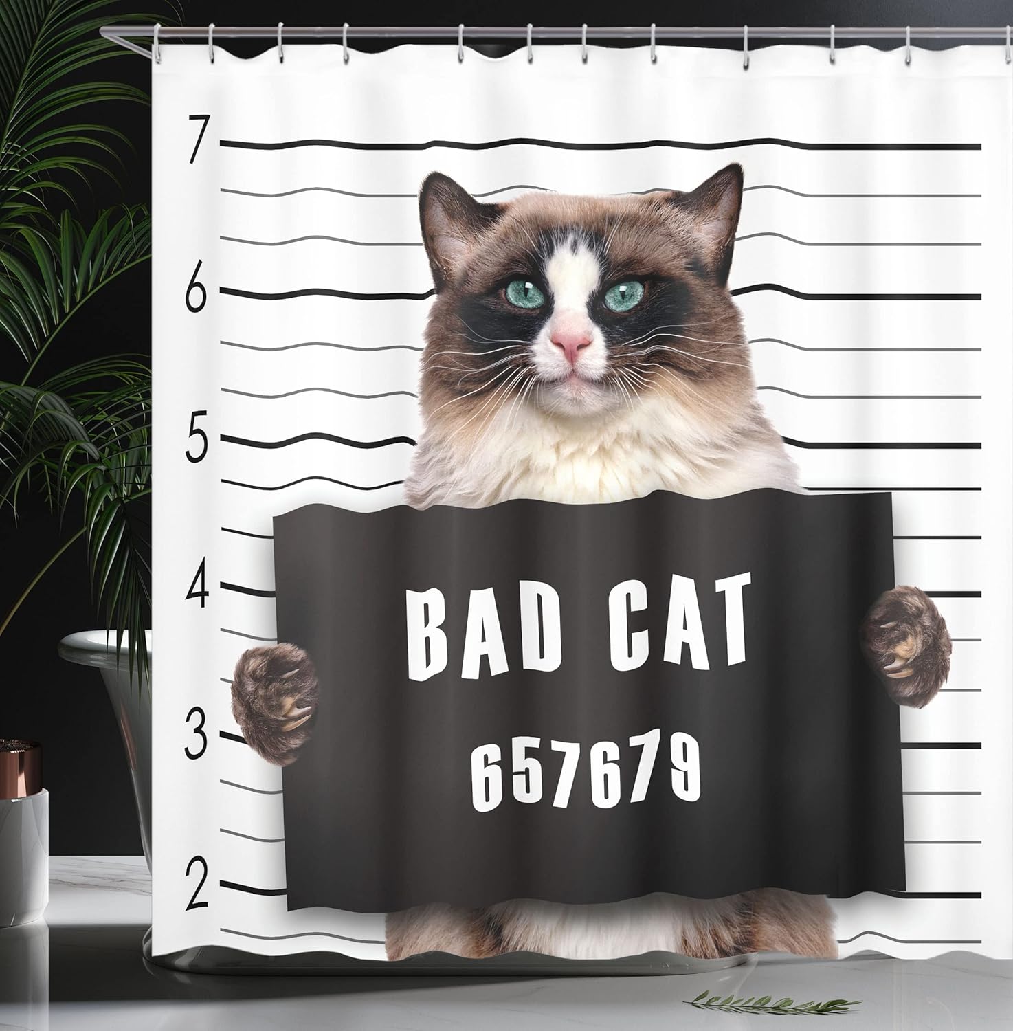 Ambesonne Cat Shower Curtain, Bad Gang Cat in Jail Kitty Under Arrest Criminal Prisoner Hangover Work, Cloth Fabric Bathroom Decor Set with Hooks, 69" W x 84" L, Brown Black White