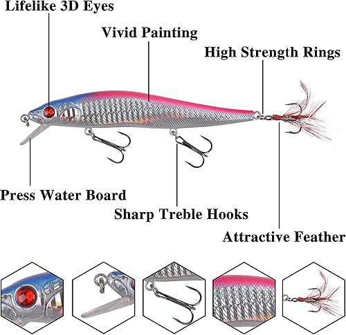 Miniatura 2 de Kit de señuelos de pesca, juego de cebos duros, pececillos, cebos de baño, lápiz de pesca artificial, kit de cebo de pesca para lubina, trucha,