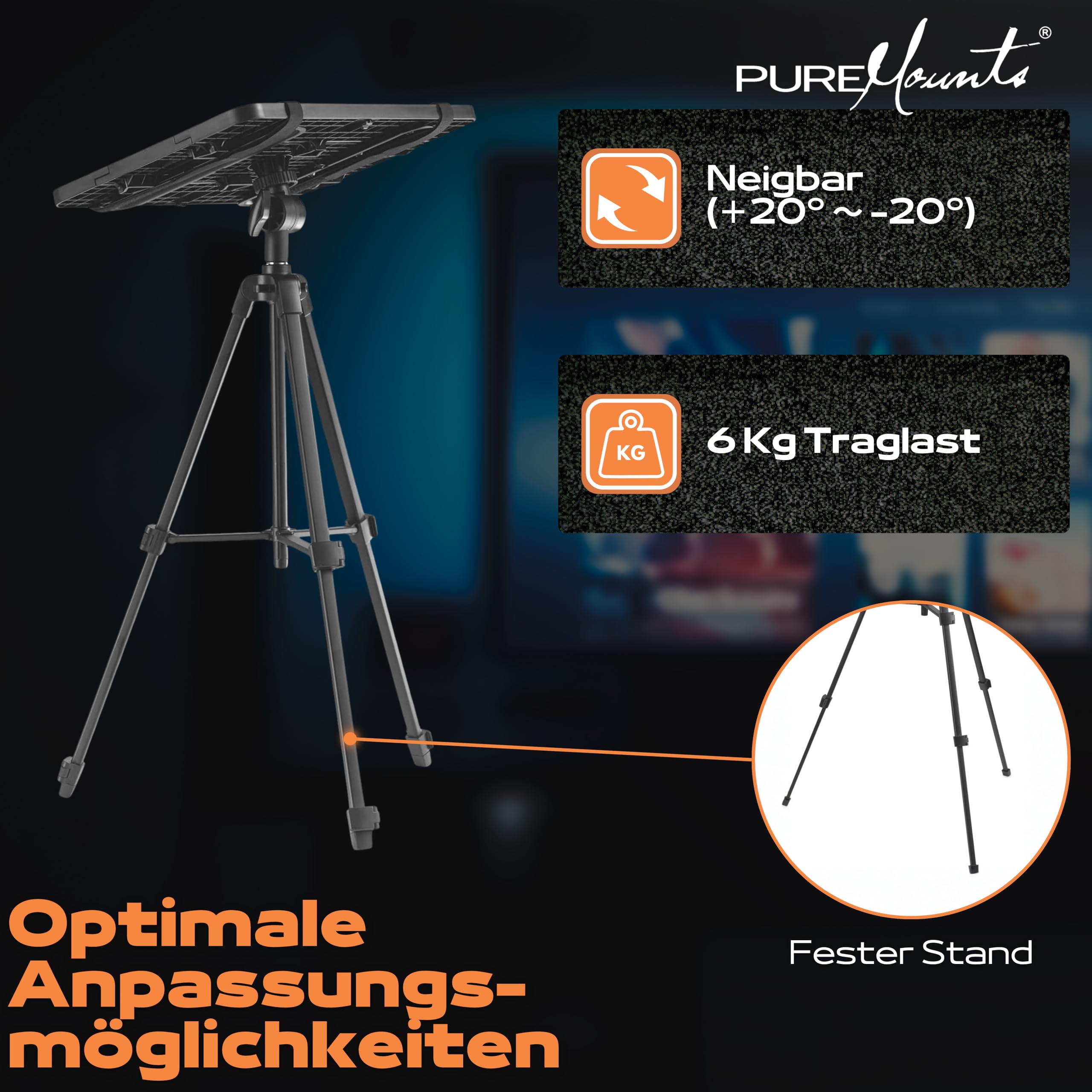 PureMounts® Soporte para proyector, trípode Ligero y Plegable, con Capacidad de Carga de hasta 6 kg, Negro