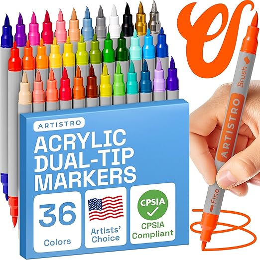 ARTISTRO Dual Tip Acrylic Paint Markers - Easy for All Ages & Levels Acrylic Paint Pens for Fabric, Rocks, Paper, Wood, Canvas, Glass, DIY (Dual Tip Brush + Fine, 36)