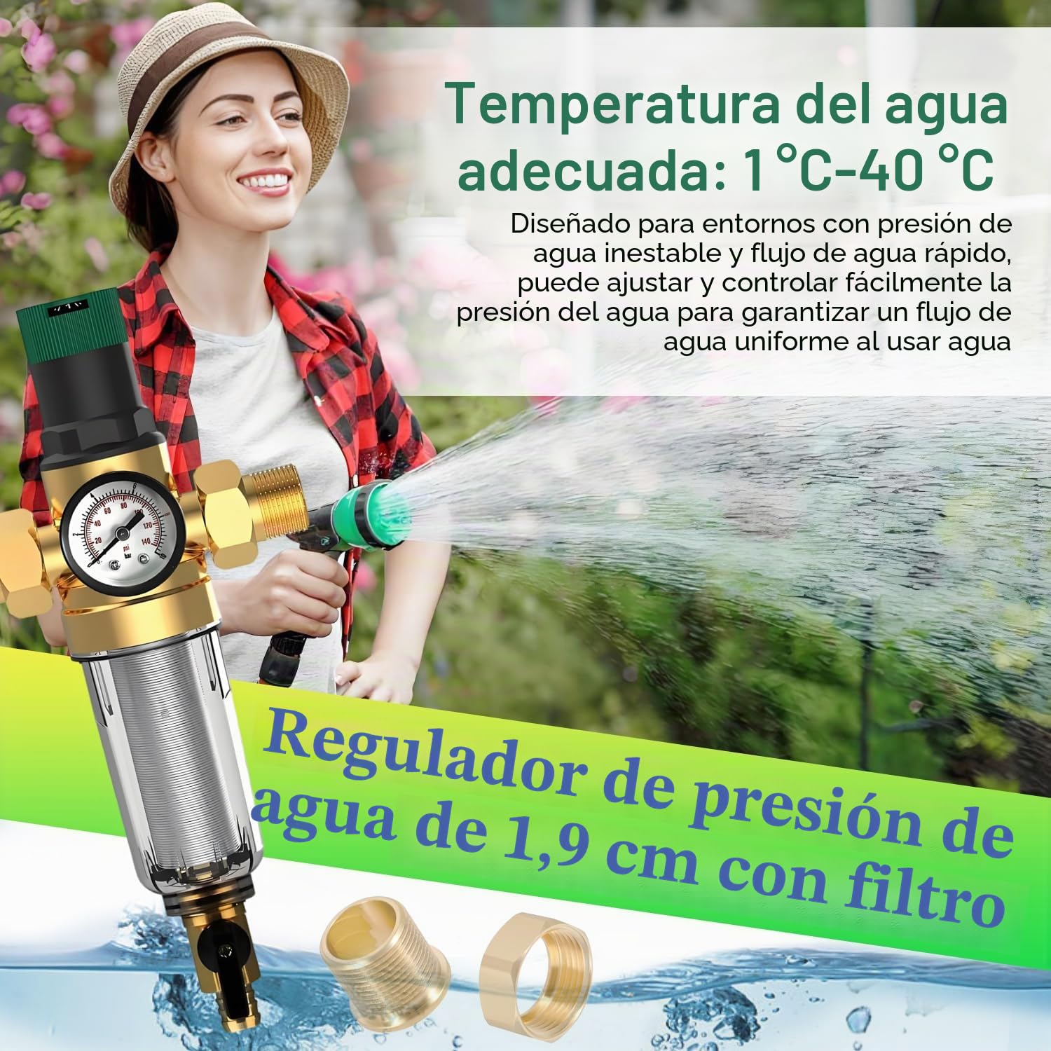 Reductor de Presion de Agua 3/4 Pulgadas con Filtro Aire Compresor Incorporado y Manometro Presion Agua Adecuado para Purificadores de Agua, Lavadoras Manometro Piscina y Grifos