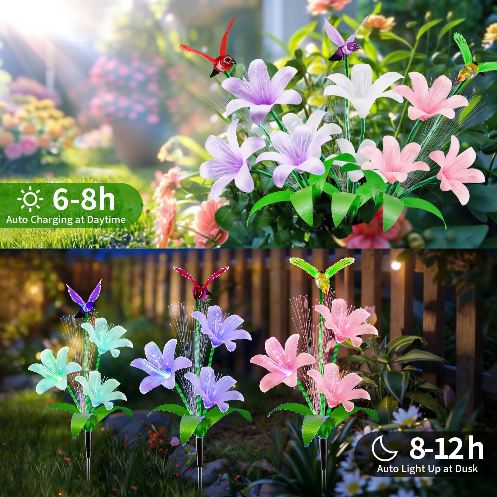 Solarlampen für Außen Garten, 3 Stück Lilien Solarleuchten für Außen, LED Lilie Blumen Solar Gartenleuchten mit 7 Farbwechseln, IP65 Wasserdicht Lilien Solar Gartenstecker für Rasen Hof Weg (B)