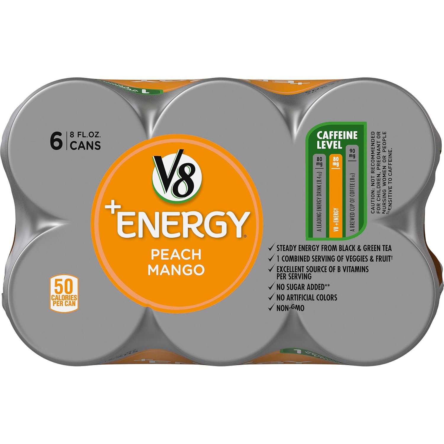 V8 +Energy, Juice Drink with Green Tea, Peach Mango, 8oz. Can (4 Packs of 6, Total of 24)