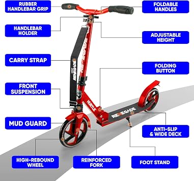 Hurtle Renegade Kick Scooter for Kids, Teenagers & Adults - 2-Wheel Folding Scooter with Adjustable T-Bar Handlebar - Alloy Anti-Slip Deck