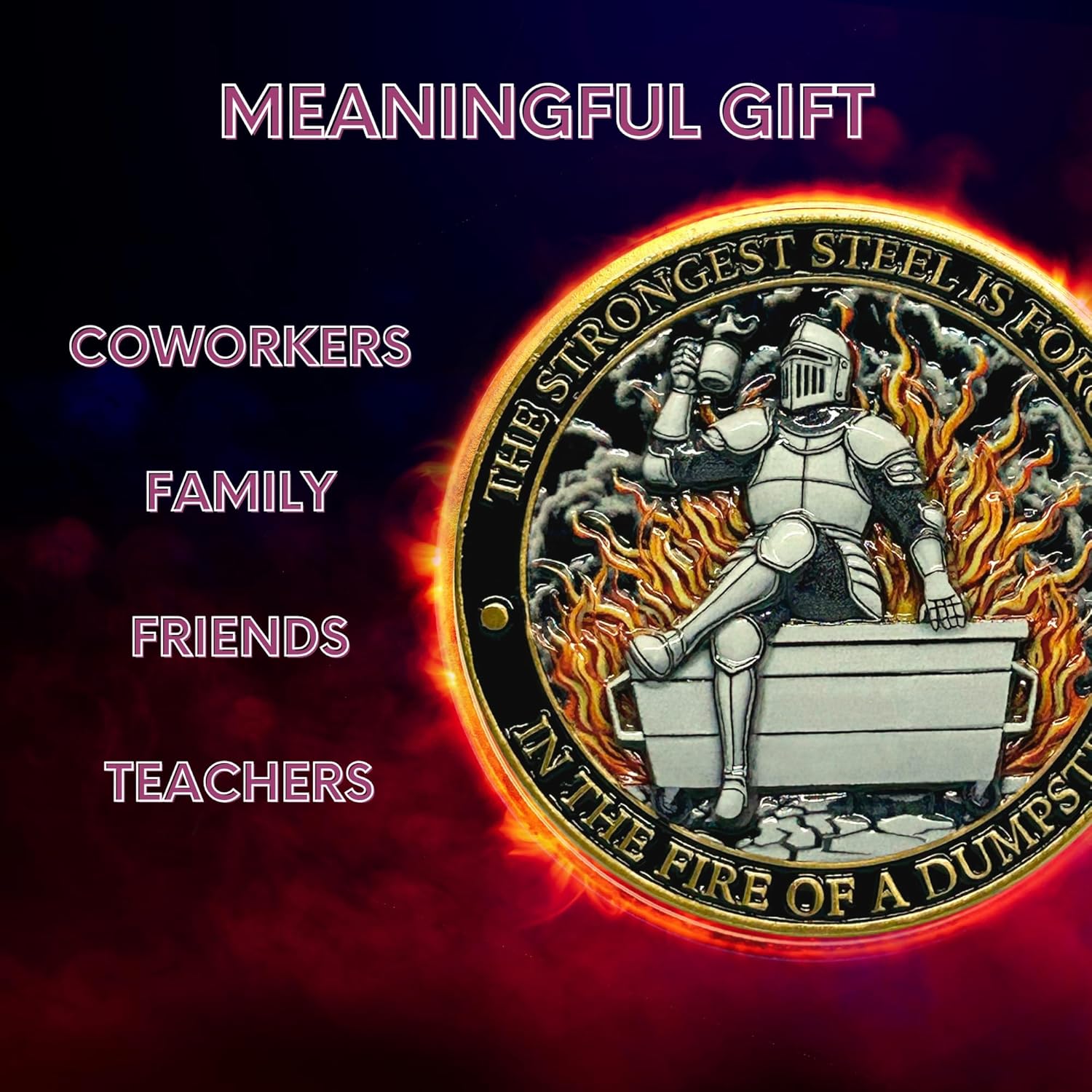 Dumpster Fire Challenge Coin - Phoenix & Knight Design - Transformed by The Flames & Strongest Steel Forged in Fire - Funny Accessories - Inspirational Gifts for Men, Women, Coworkers (5 Pcs)
