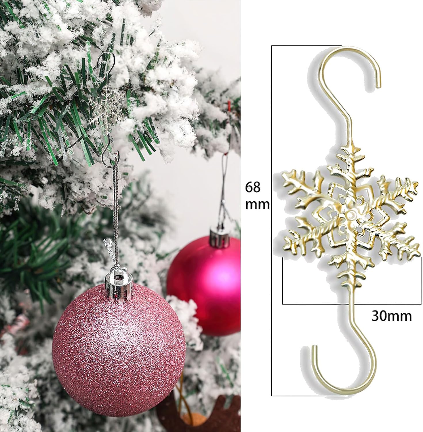 AUOCATTAIL 20 Pcs Snowflake Christmas Ornament Hooks Gold Silver Christmas Snowflakes S Hook Wire Coat Hanger Decorate for Xmas Winter Party Supplies 2.67 inch