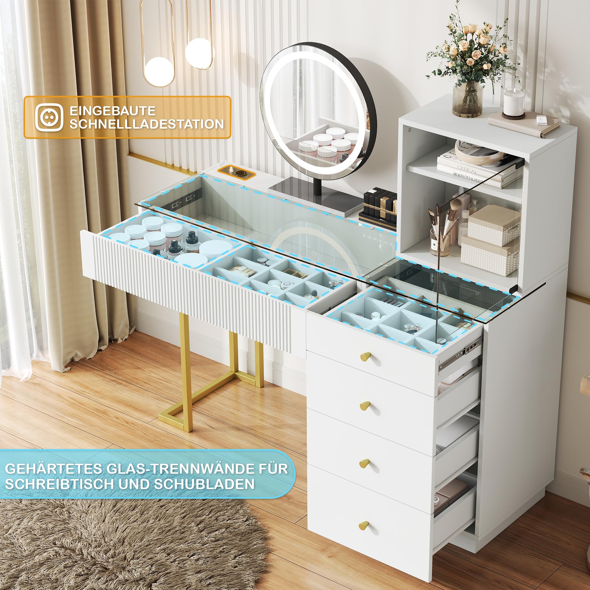 Kebnor Schminktisch-Set mit LED-Beleuchtungsspiegel, klarer gehärteter Glasplatte, 5 Schubladen und 1 Schrank; weiß, Maße: B120 x T40 x H120 cm