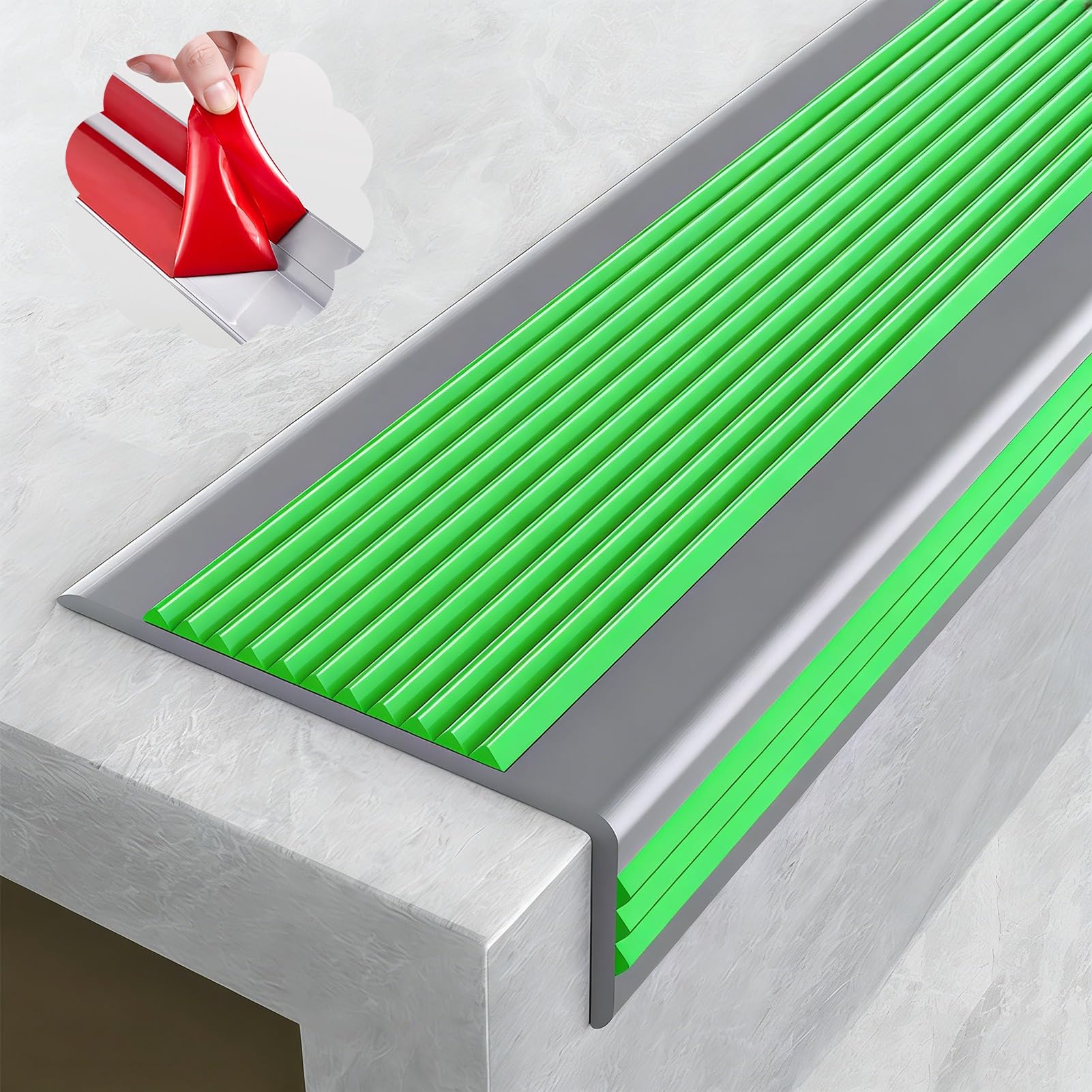 Perfil de Transición para Suelo Protector de Borde de Escalera de Goma Autoadhesivo, Antideslizante, Impermeable, Cinta Protectora para Escalones de Interior y Exterior(Green,W10cm H4cm L8m)