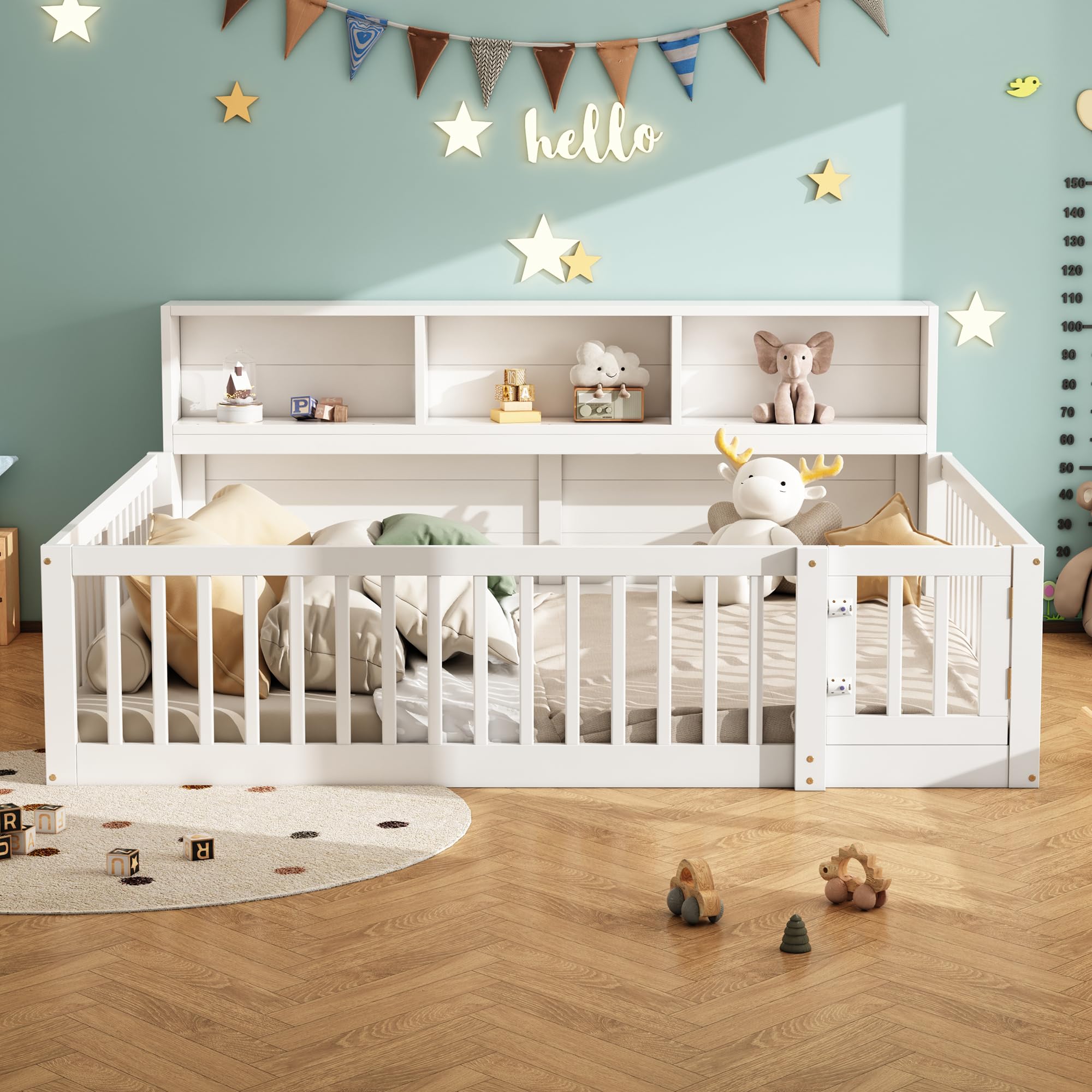 Letto da pavimento per bambini, 140 x 200 cm, con rete a doghe e protezione anticaduta, lato letto con scomparti multipli, stile semplice, per ragazzi e ragazze, in legno di pino, bianco