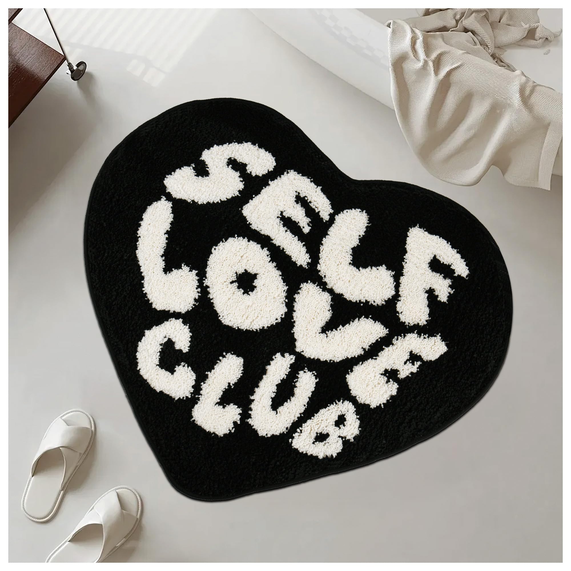 Violacea Self Love Club Rug Heart Shaped Aesthetic Ventines Day Rug Non Slip Microfiber Bath Mat 21.6×25.9in Modern Y2K Dorm College Girly Black