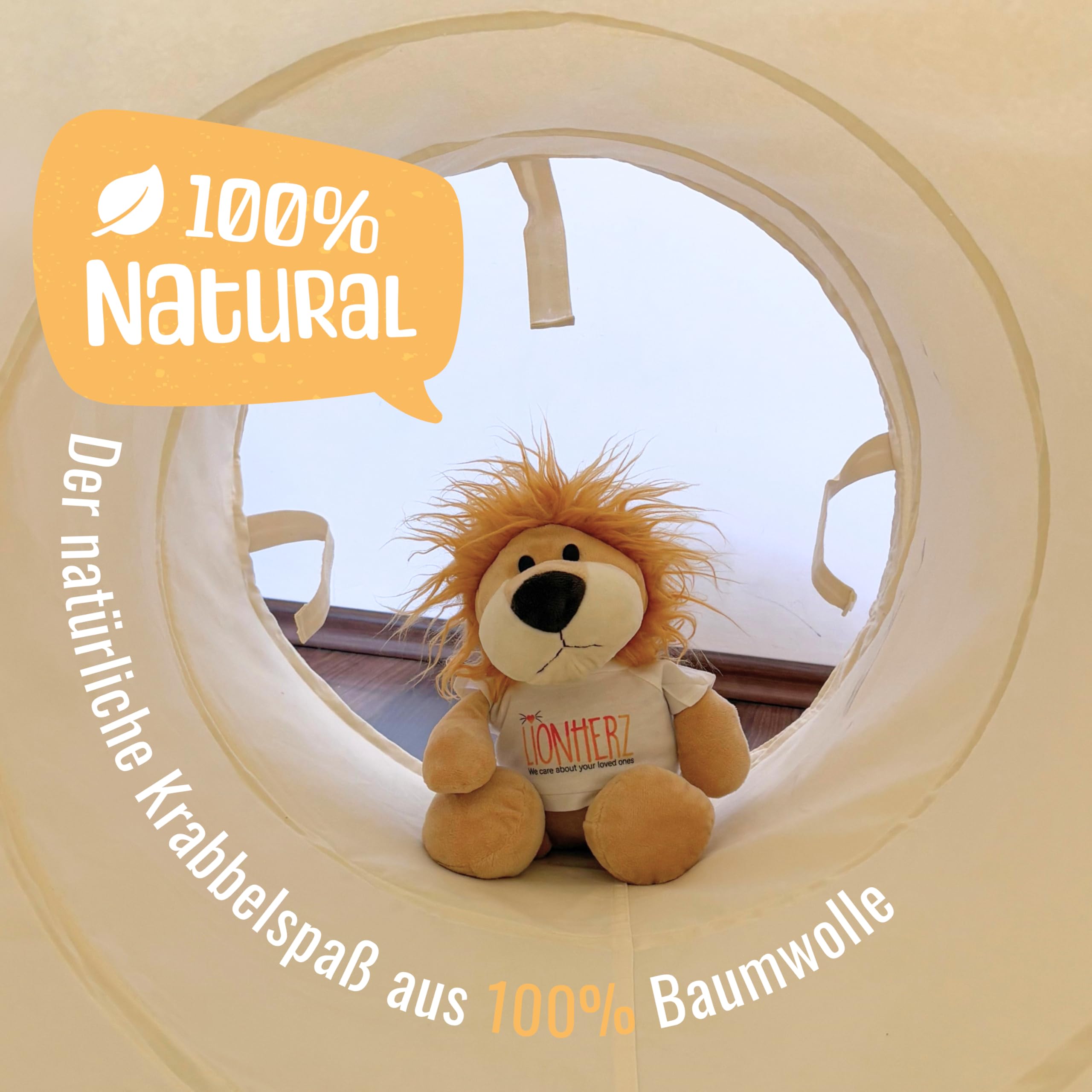 LIONHERZ® Spieltunnel für Kinder aus 100% Baumwolle mit Klettverschlüssen | Krabbeltunnel für Baby [180cm x 46cm] Faltbarer Pop-up Kriechtunnel | Krabbelrolle passend zu unserem Tipi (Cremeweiß)