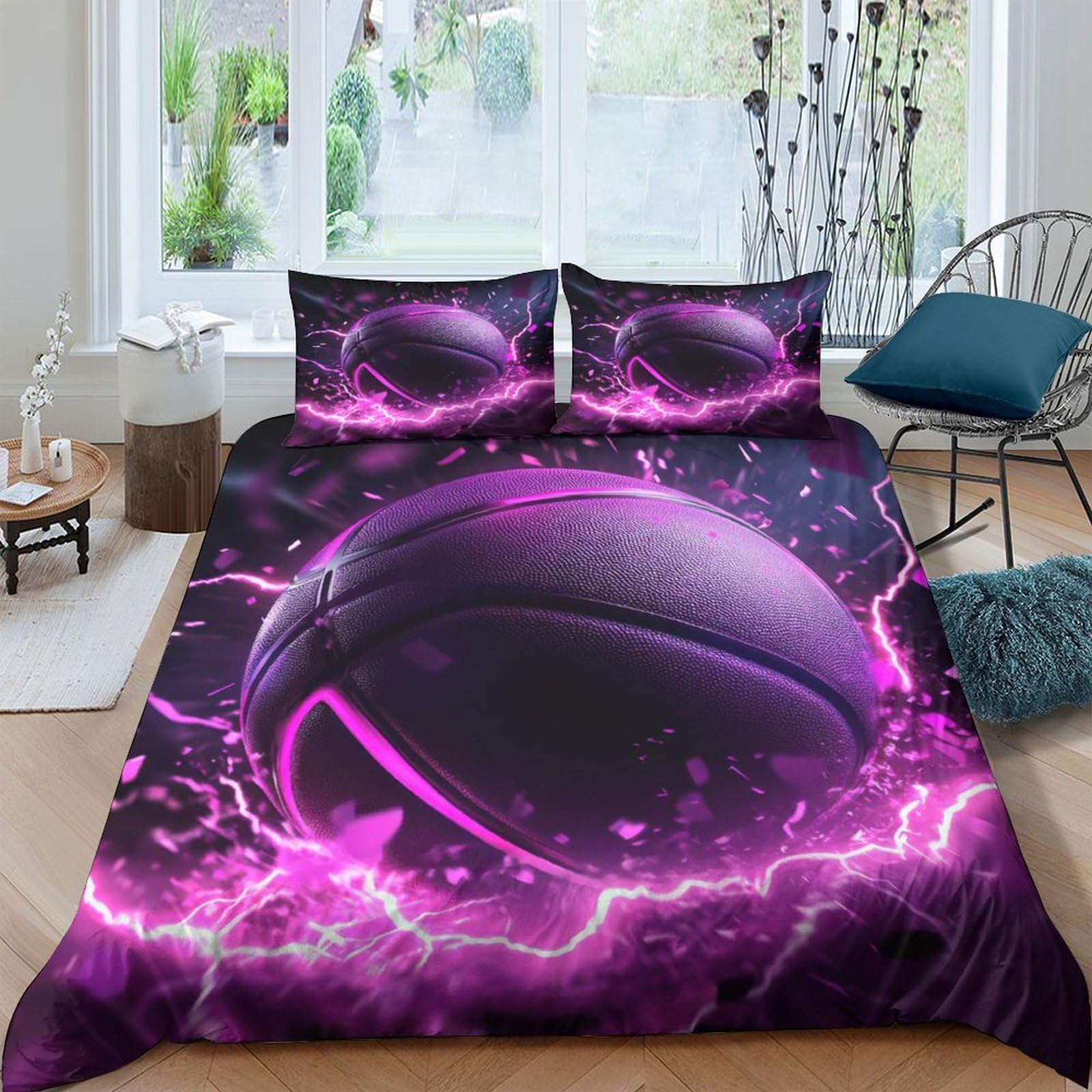 Ctjqhvkz Style-1 3D Printed Purple Lightning Basketball Fitted Sheet Microfiber Soft Bed Cover For Bedroom Dorm Mattress Decor Single（135X200cm）