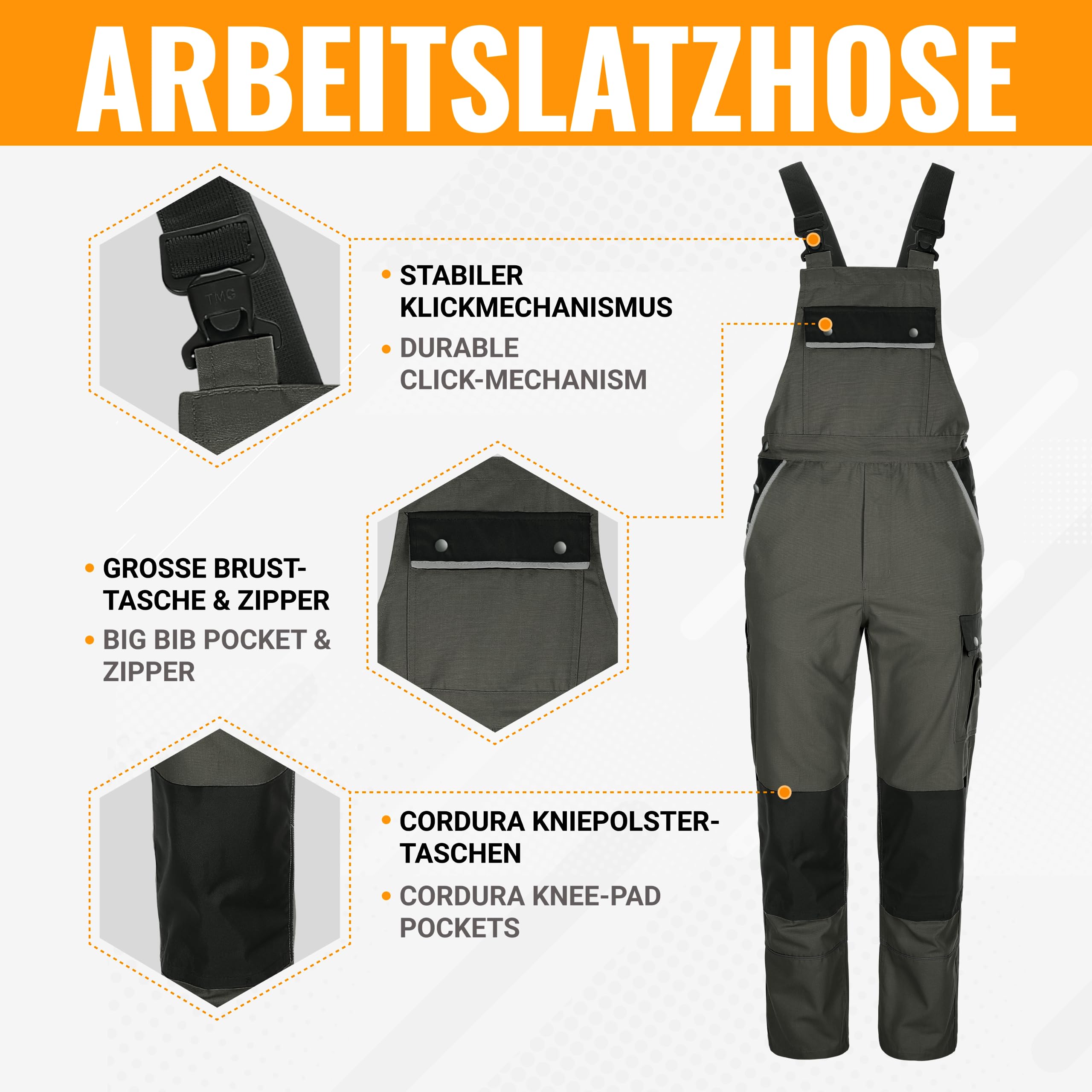 TMG® | Lange Arbeitslatzhose Herren, Graue Latzhose mit Kniepolstertaschen aus Cordura, viel Stauraum, robust | 76