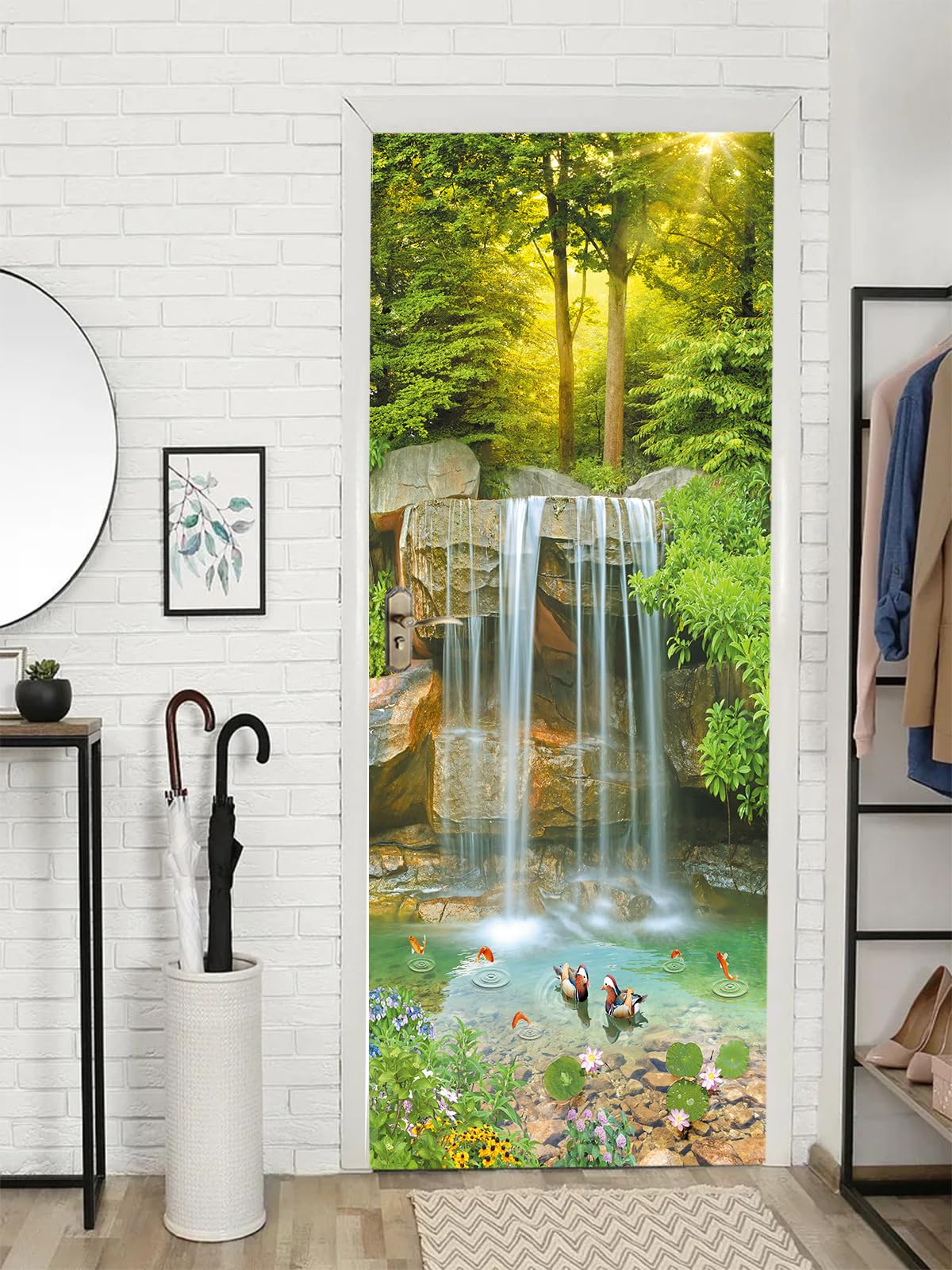 FLFK 3D Door Sticker Peel and Stick 77x200cm- Self-Adhesive Door Wall Murals Poster Wallpaper Decals Mountain Stream Waterfall for Home Decor(2Pcs/Set)