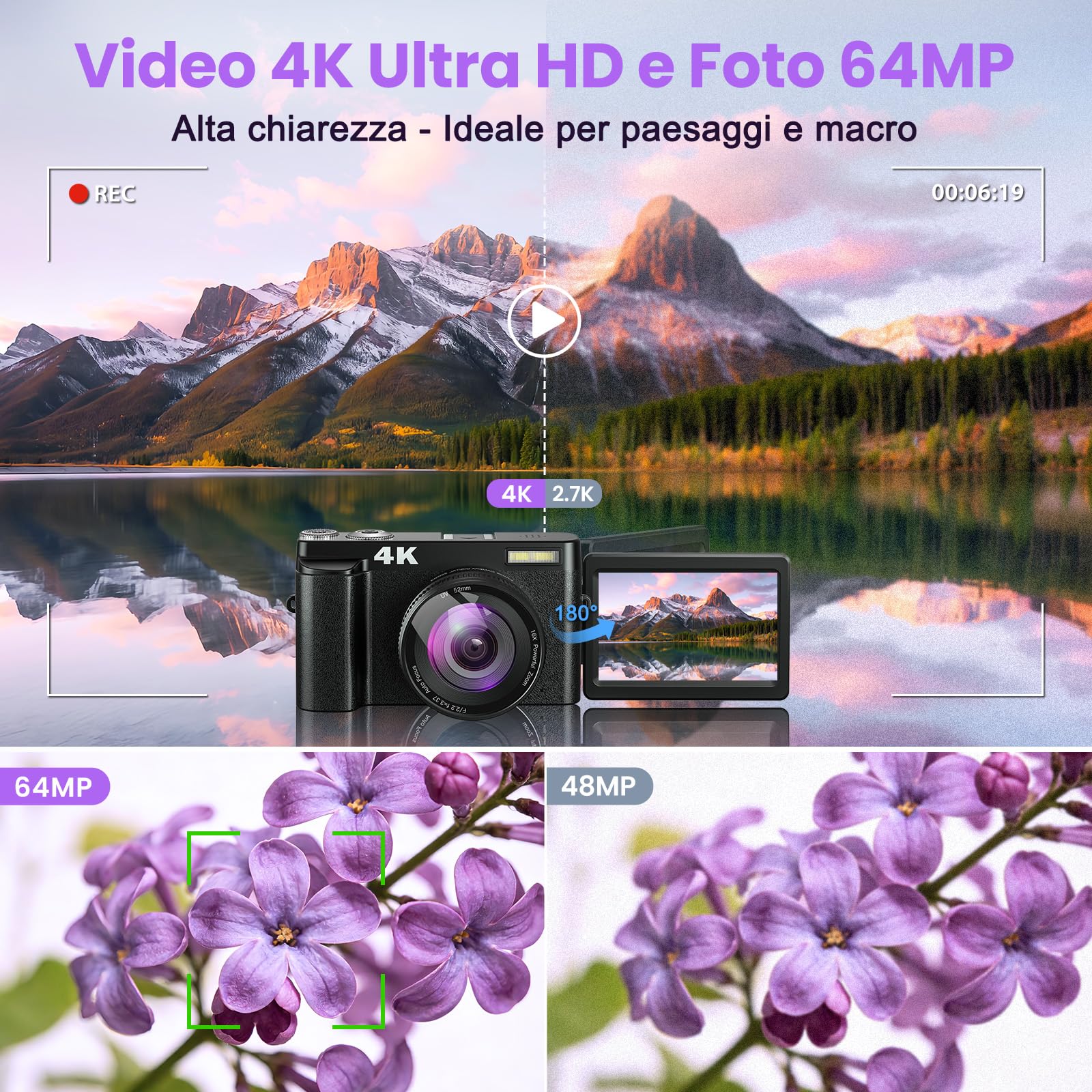 Fotocamera Digitale 4K 64MP WiFi Zoom 16X Schermo Girevole 180° Autofocus per Vlog e Selfie, Compatta con Scheda 32GB, 2 Batterie e Caricabatterie, Ideale per Principianti