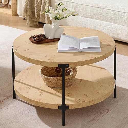 Miniatura 8 de Awescuti Mesa de centro redonda de madera bohemia  31.5 pulgadas, mesa de centro de madera natural de 2 niveles, muebles de sala de estar, color