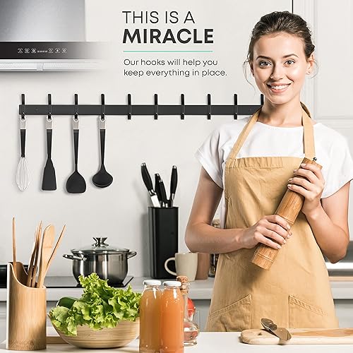 Miniatura 7 de Perchero de pared negro mate con 10 ganchos dobles para colgar, ganchos rústicos de acero inoxidable SUS304 de 30 pulgadas, para sombrero, ropa,