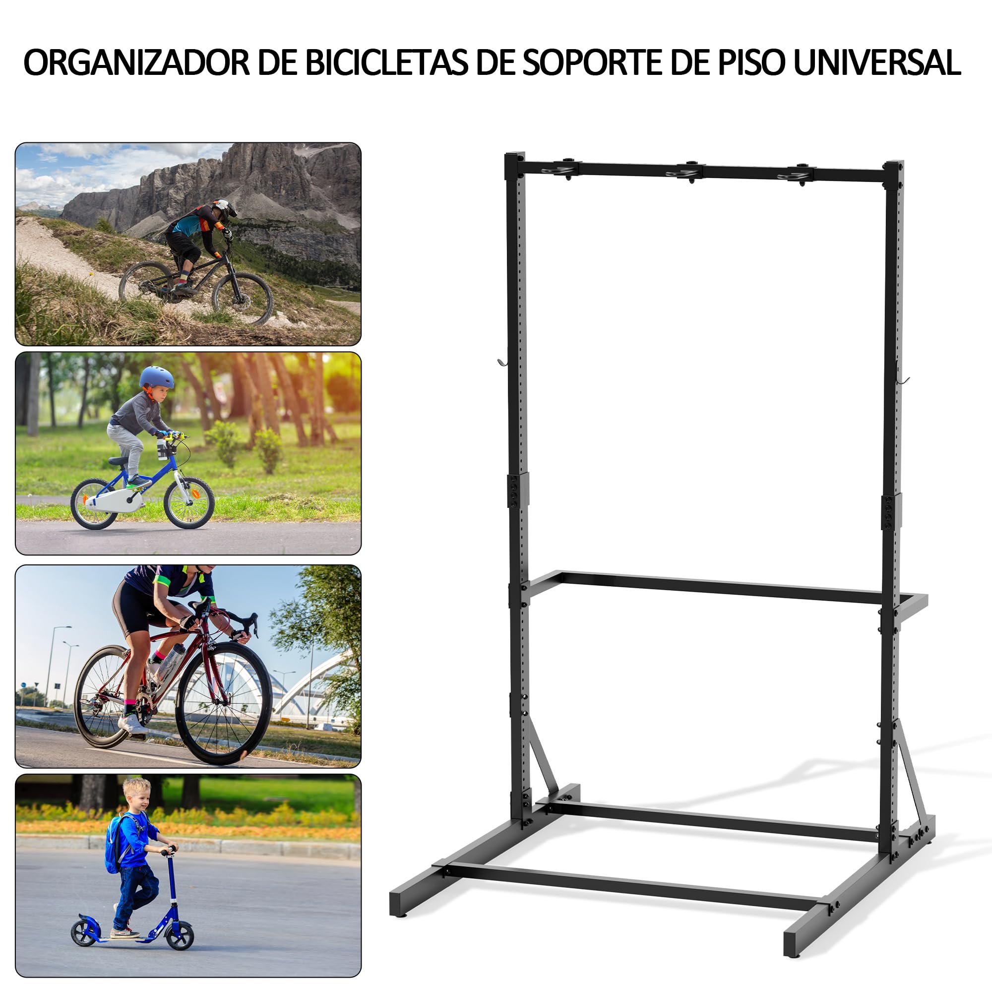 Support à vélos autoportant pour garage, support de rangement vertical pour vélos, support de sol robuste en acier massif pour 5 vélos maximum avec crochets et crochets pour casque