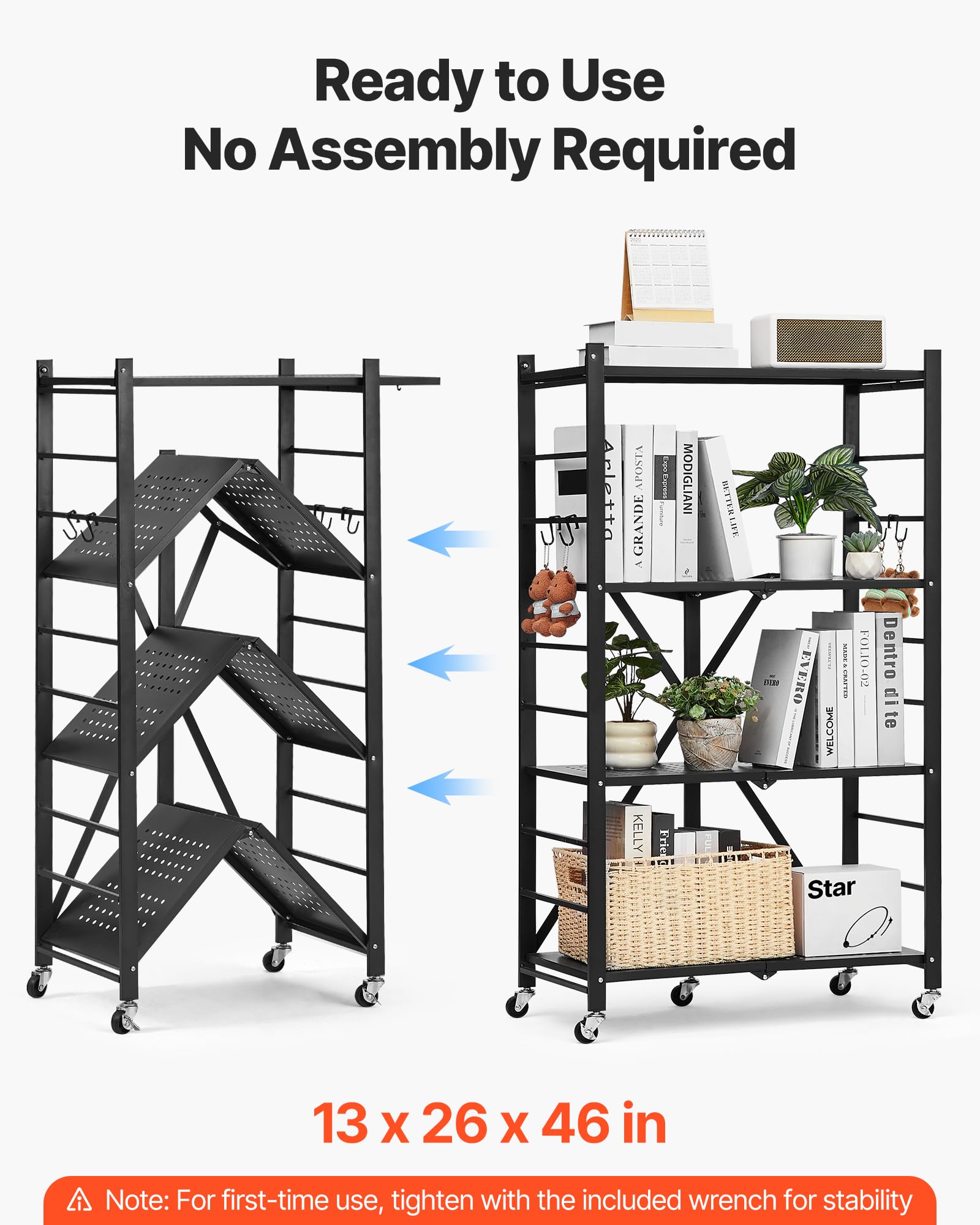 VEVOR Estante de Almacenamiento Plegable de 4 Niveles con Ruedas 66 x 33 x 117 cm Estantería Metálica Móvil Resistente, sin Necesidad de Ensamblaje, Organizador para Garaje, Cocina, Sótano, Negro
