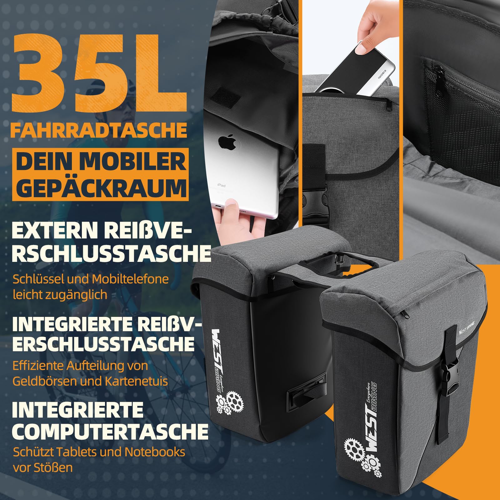Sacoche de vélo, pour porte-bagages, grande capacité, réfléchissante, facile à nettoyer, avec compartiment pour ordinateur portable et poche zippée supplémentaire, pour vélo électrique, VTT et