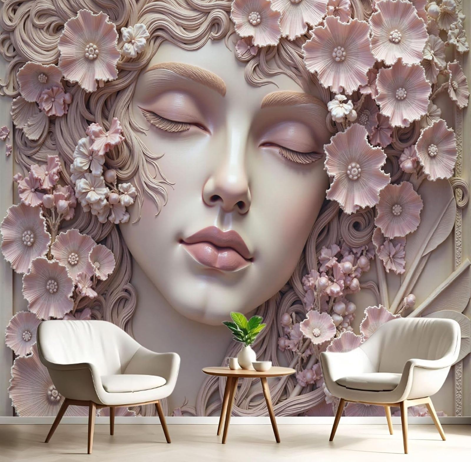 Papier peint 3D pour habiller un grand mur vide de salon rose fleurs
