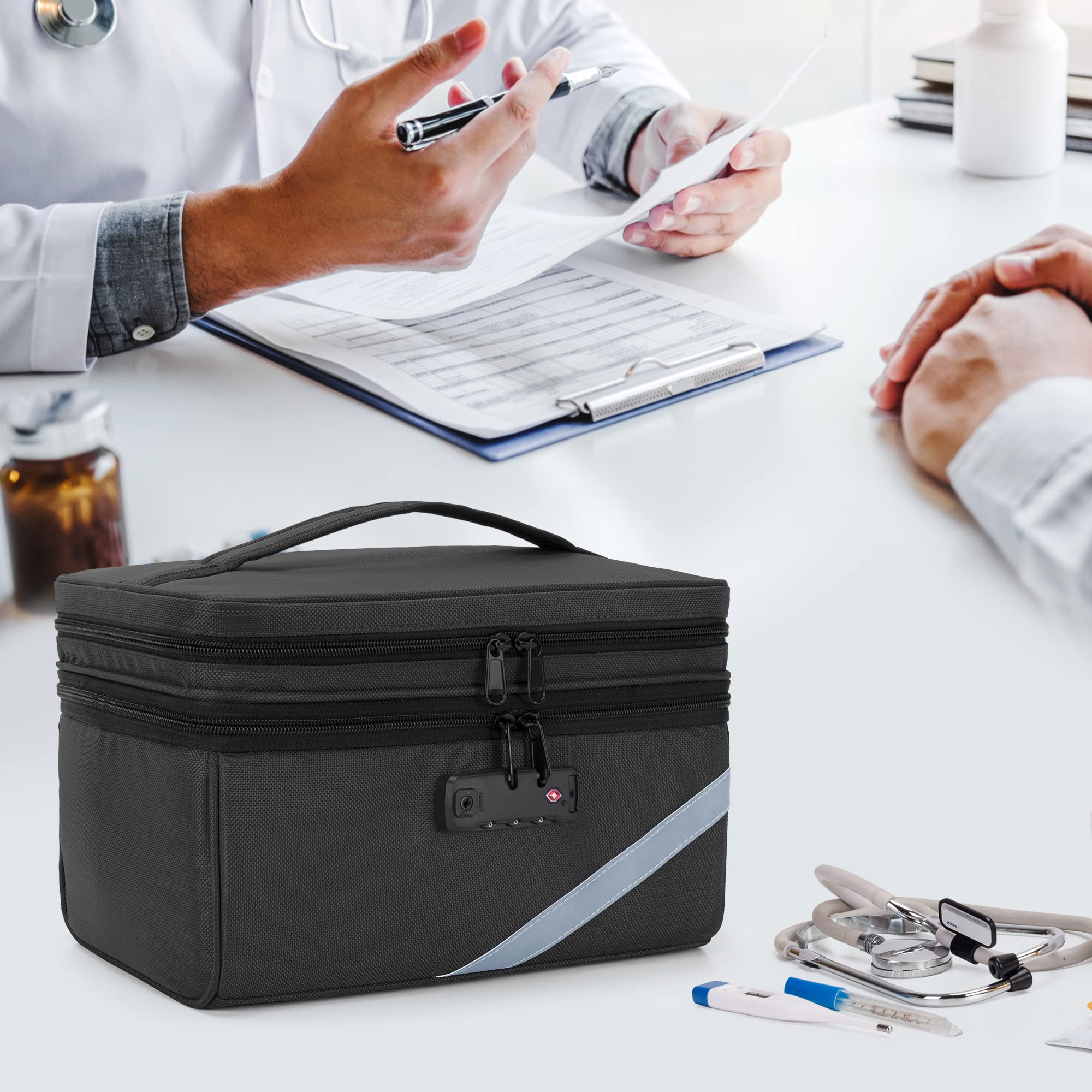Trunab Kleine Medizinische Tasche mit Zahlenschloss, Abschließbare Medikamenten-Reisetasche mit Minitasche für Zuhause, Reisen, Notfall, Schwarz (Leere Tasche), Patentiertes Design