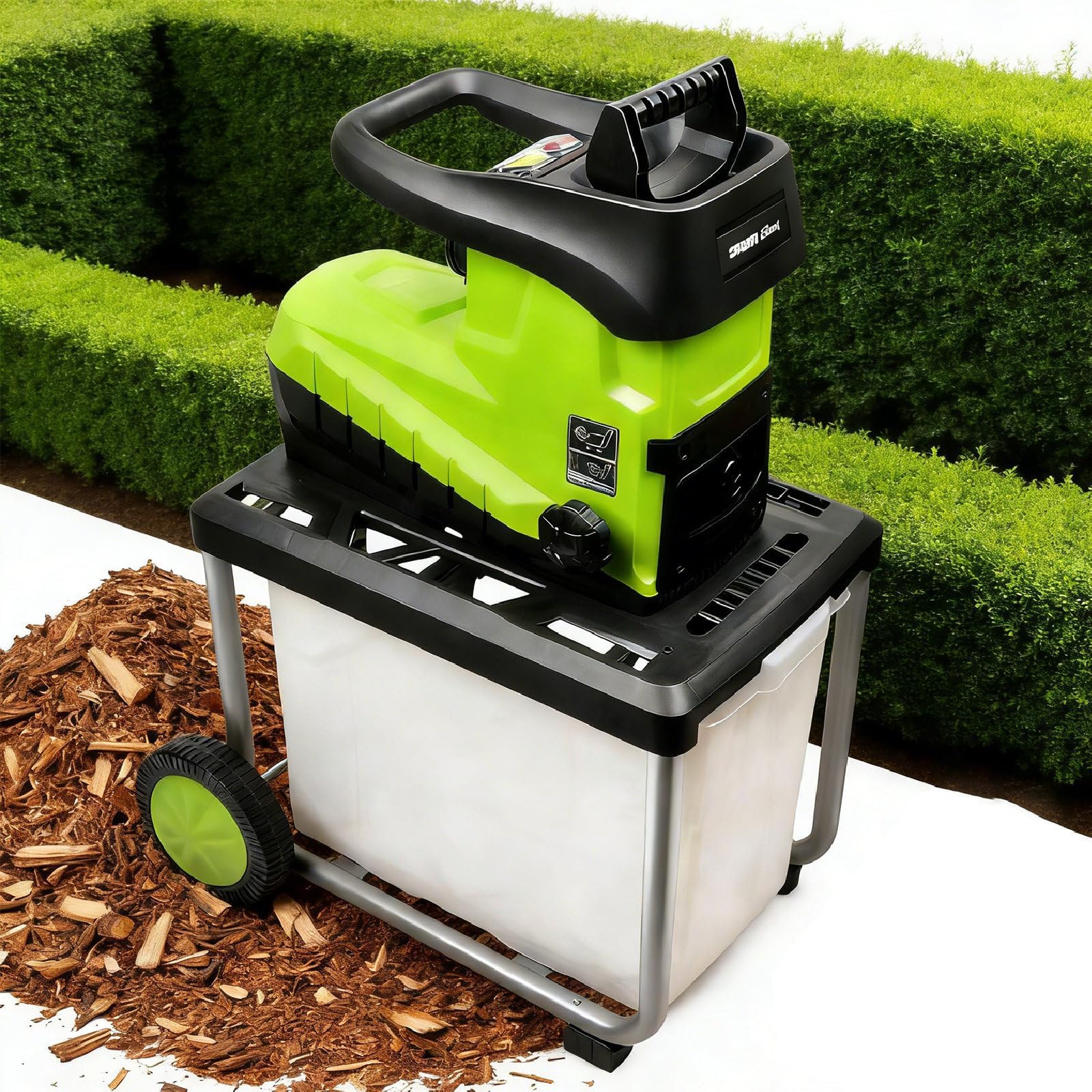 Trituradora eléctrica de jardín con caja de recolección de 60 litros y protección contra sobrecarga, capacidad de rama de 45 mm, ideal para triturar desechos de jardín y ramas, cabezal de corte de