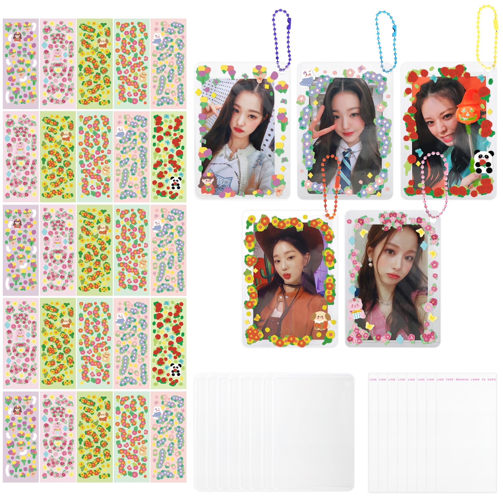 Whaline 145Pcs Kpop Photocard Holder with Stickers Transparent Card Sleeves DIY Photo Card Protector Kit Trading Cards Protector Card Holder Keychains for School Office Card Supplies Girls Women Gift