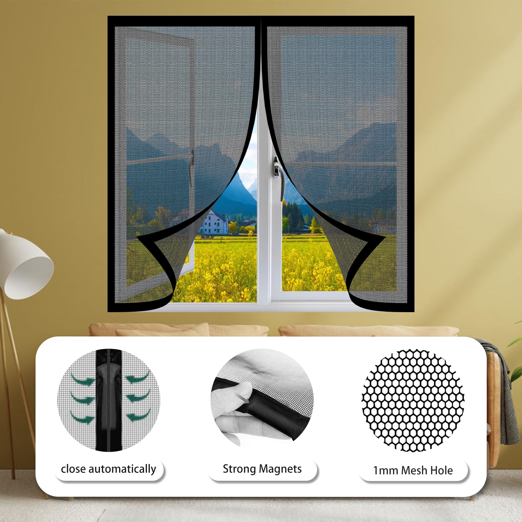 Mosquiteras para Ventanas Enrollables 160 x 176 cm sin Taladrar Antimosquitos para Puerta Ventana Cierre Magnético Automático para La Mayoría de Los Tipos de Ventanas, Negro