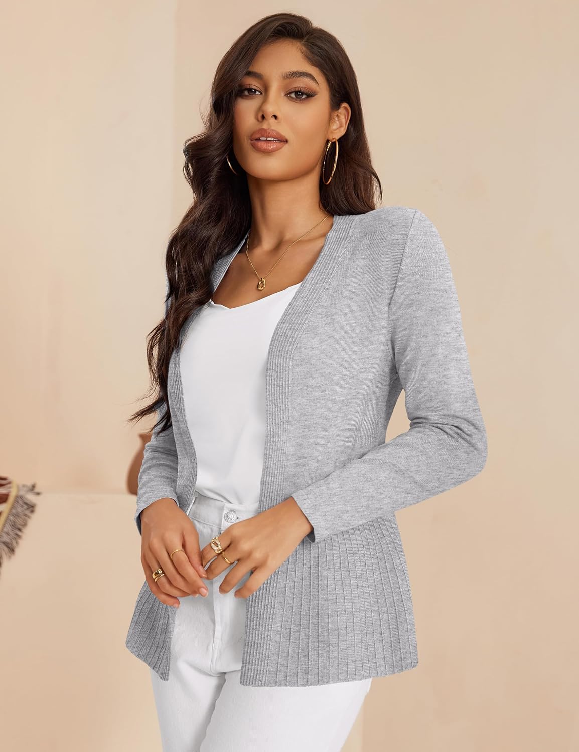 Women's Casual Open Front Sweater Long Sleeve Rib Knit Draped Cardigan - Image 3