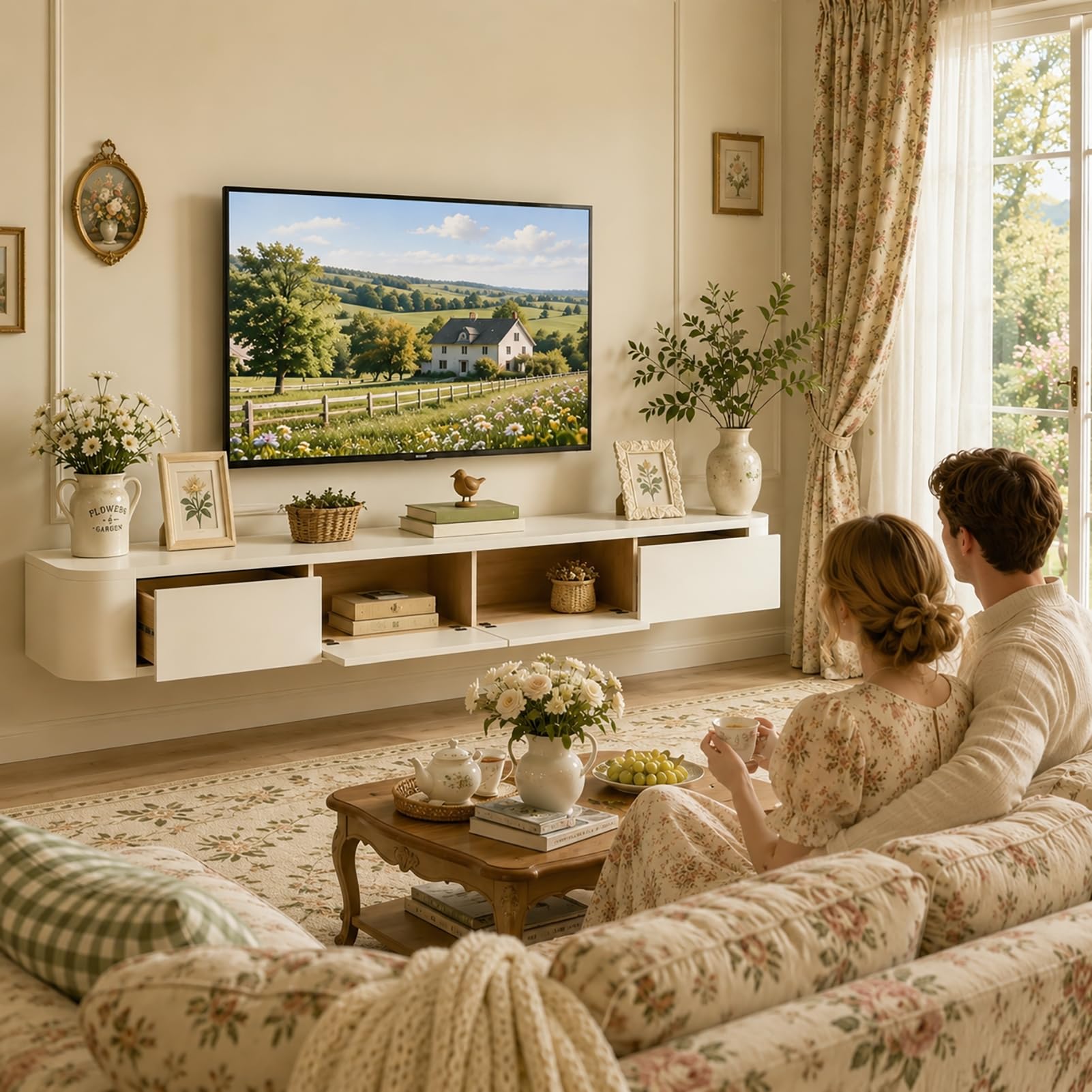 Schwebende TV Schrank 140cm Weiß, TV Lowboard Hängend mit 2 Schubladen & 1 Klappen Türen, TV Board Hängend mit Kabelmanagement, Hänge Sideboard für Wohnzimmer und Esszimmer