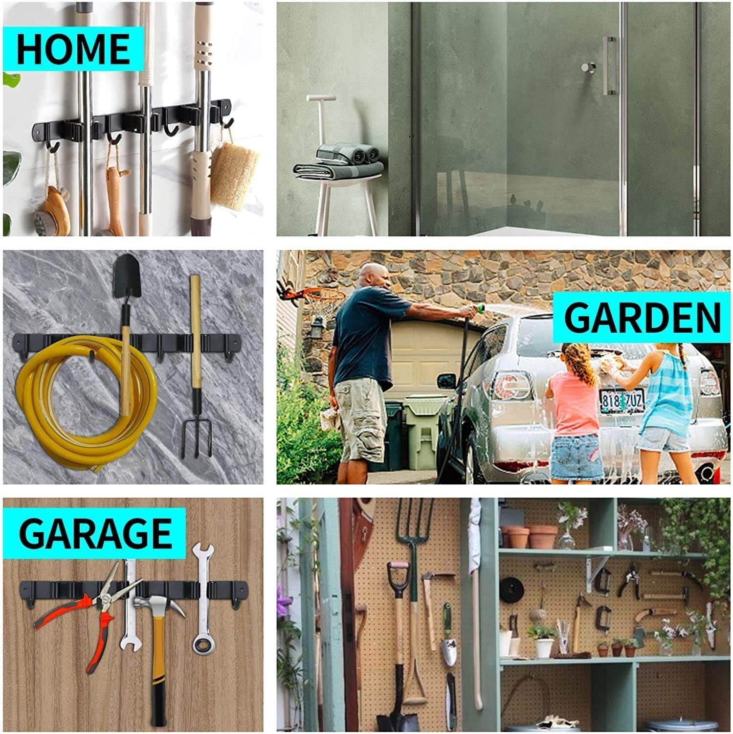 Colgador y Organizador, Acero Inoxidable Organizador Soporte de Escobas y Fregonas para Hogar, Cocina, Garajes (4 Posiciones y 5 Ganchos)