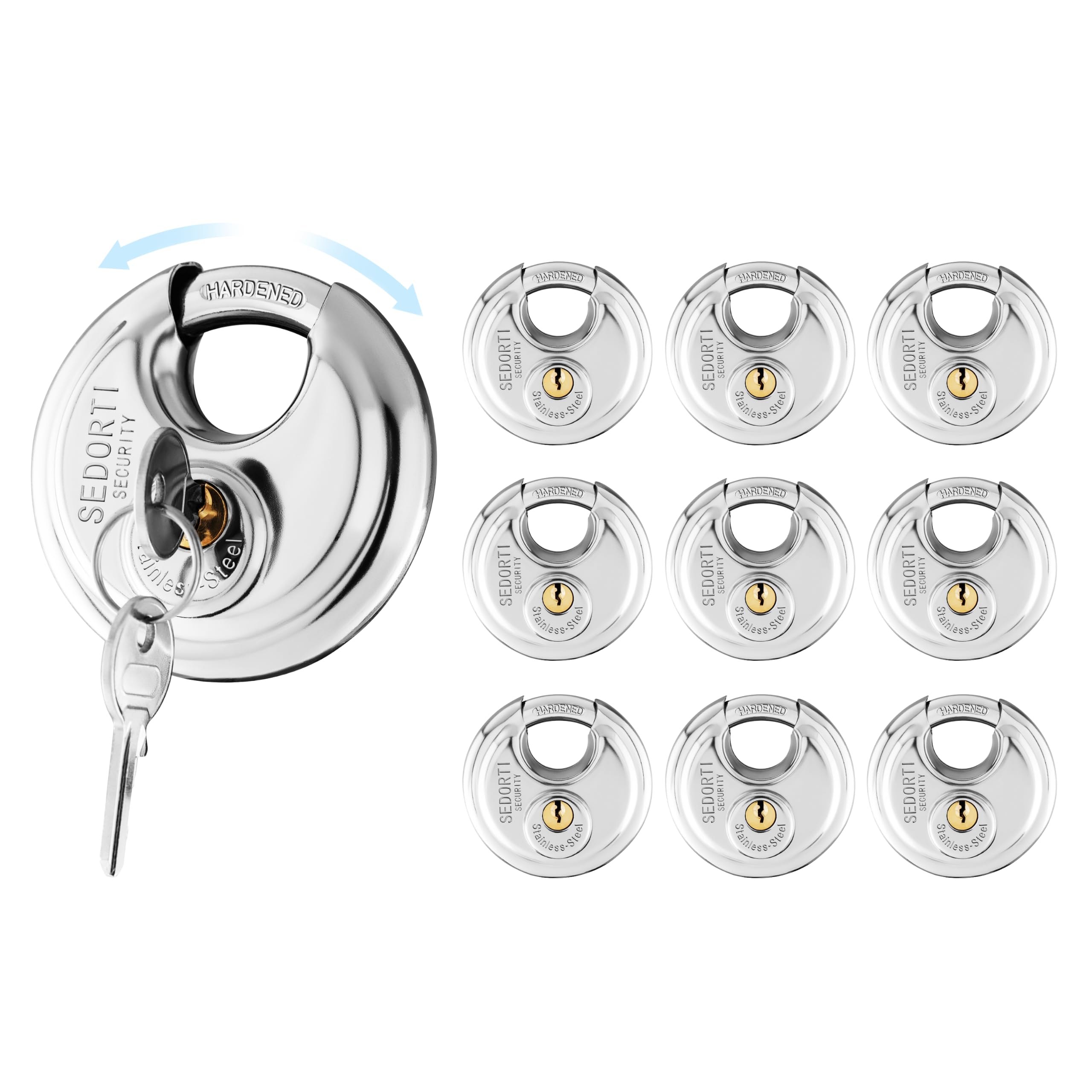 SEDORTI 10-Pack Disc Padlocks Keyed Alike, 2-3/4 inch Wide, Stainless Steel 304 Round Lock, Waterproof and Rustproof Storage Lock with Brass Keys, Ideal for Storage Unit Gate, Outdoor, Shed, Fence