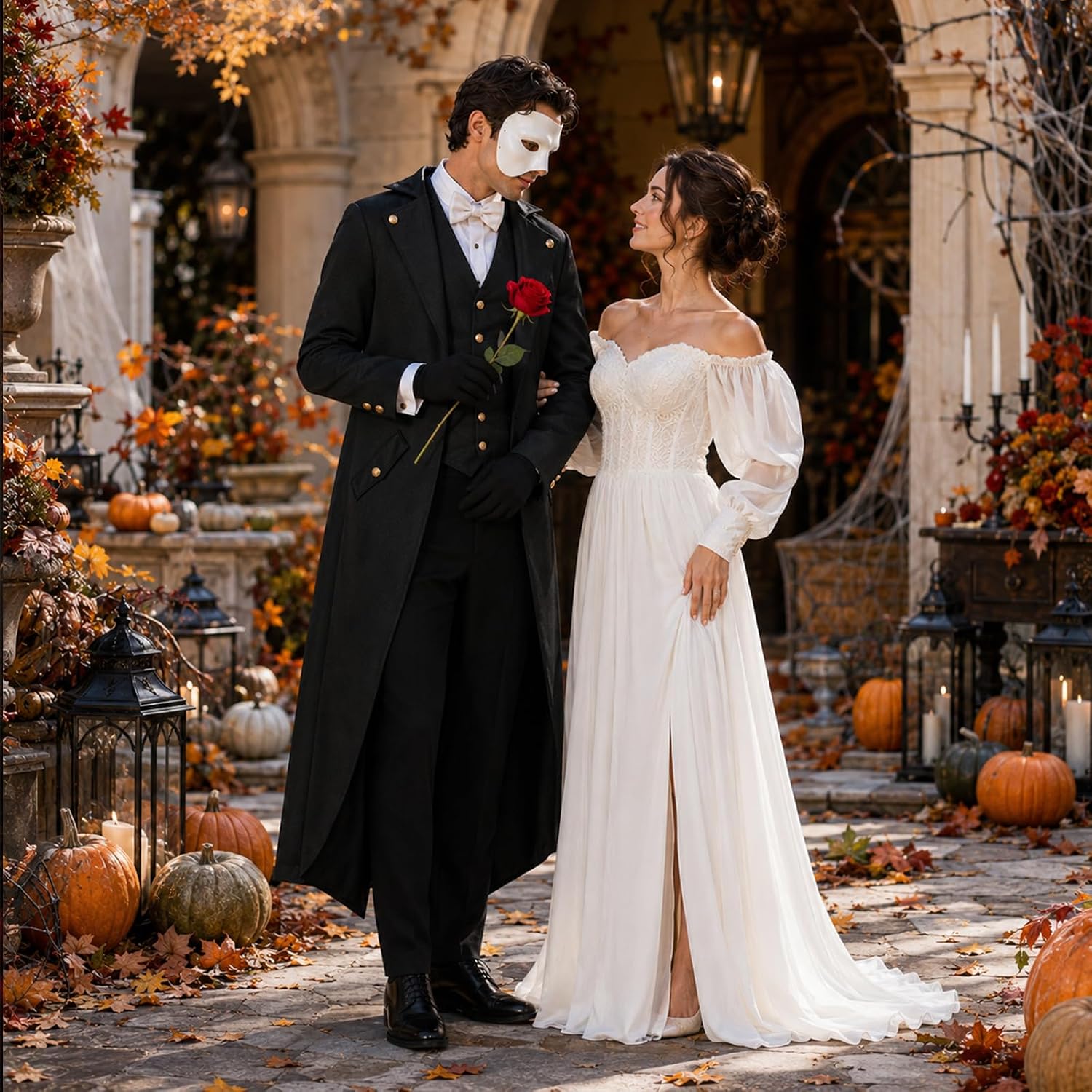 JcHrmers Halloween Opera Costume Set Include Tailcoat Jacket,Half Face Mask,Bow Tie,Gloves and Red Rose for Adults Dress Up