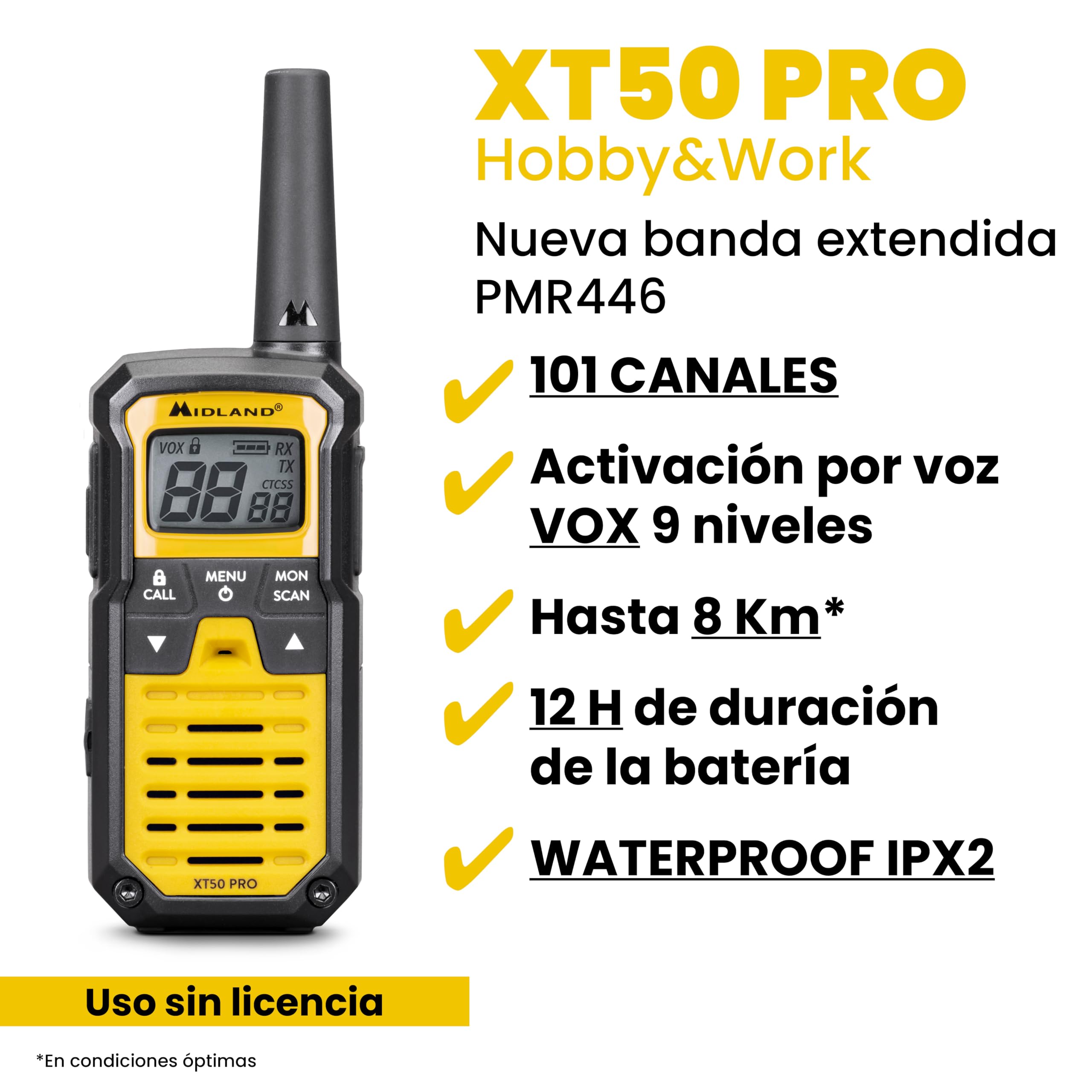 Midland - Walkie Talkie XT50 PRO Doble Hobby & Trabajo, 2 Radioaficionados Profesionales 85 Canales PMR446, Red Radio Montana - 8Km, 12H, Waterproof IPX2, Carga USB, Estuche de Transporte y Accesorios
