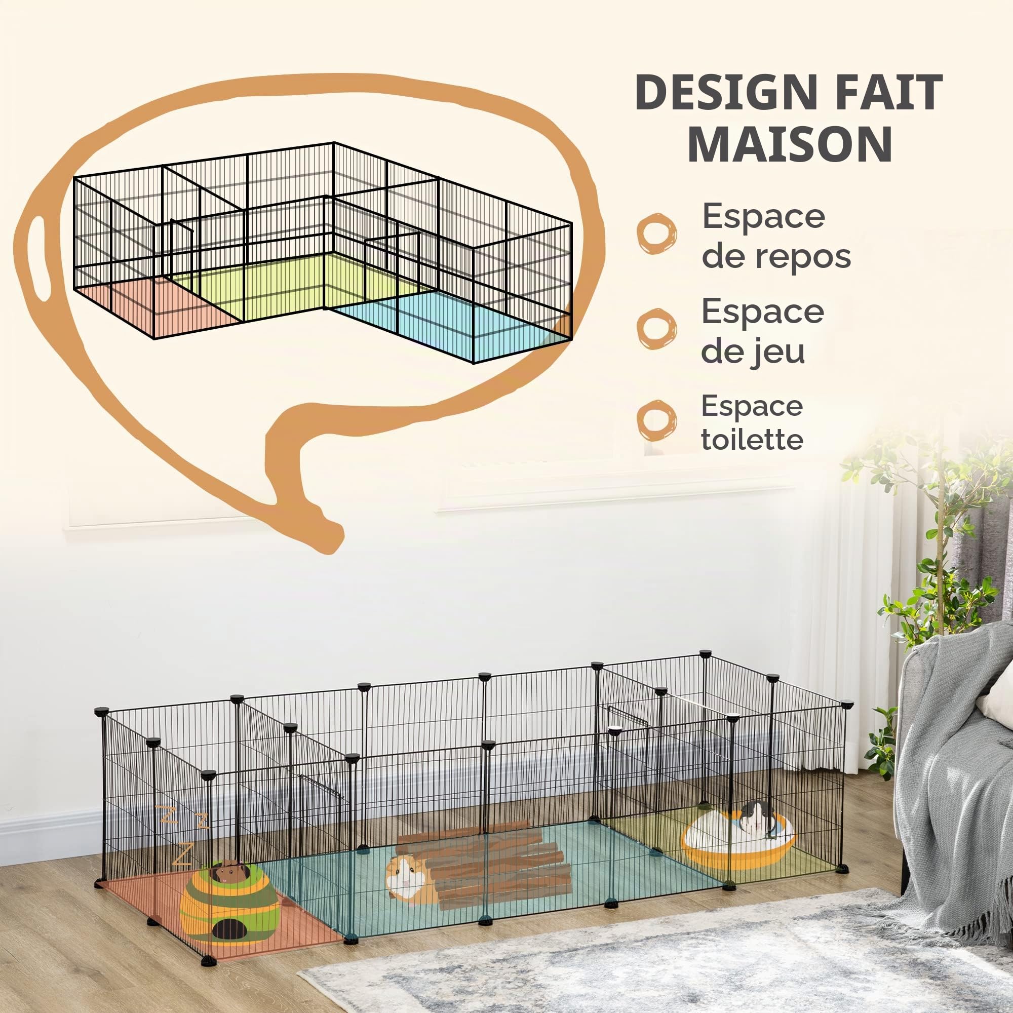 PawHut Cage pour cochons d'Inde, clôture pour Petits Animaux, 18 pièces avec Porte pour extérieur et intérieur 175 x 70 x 45 cm, Noir