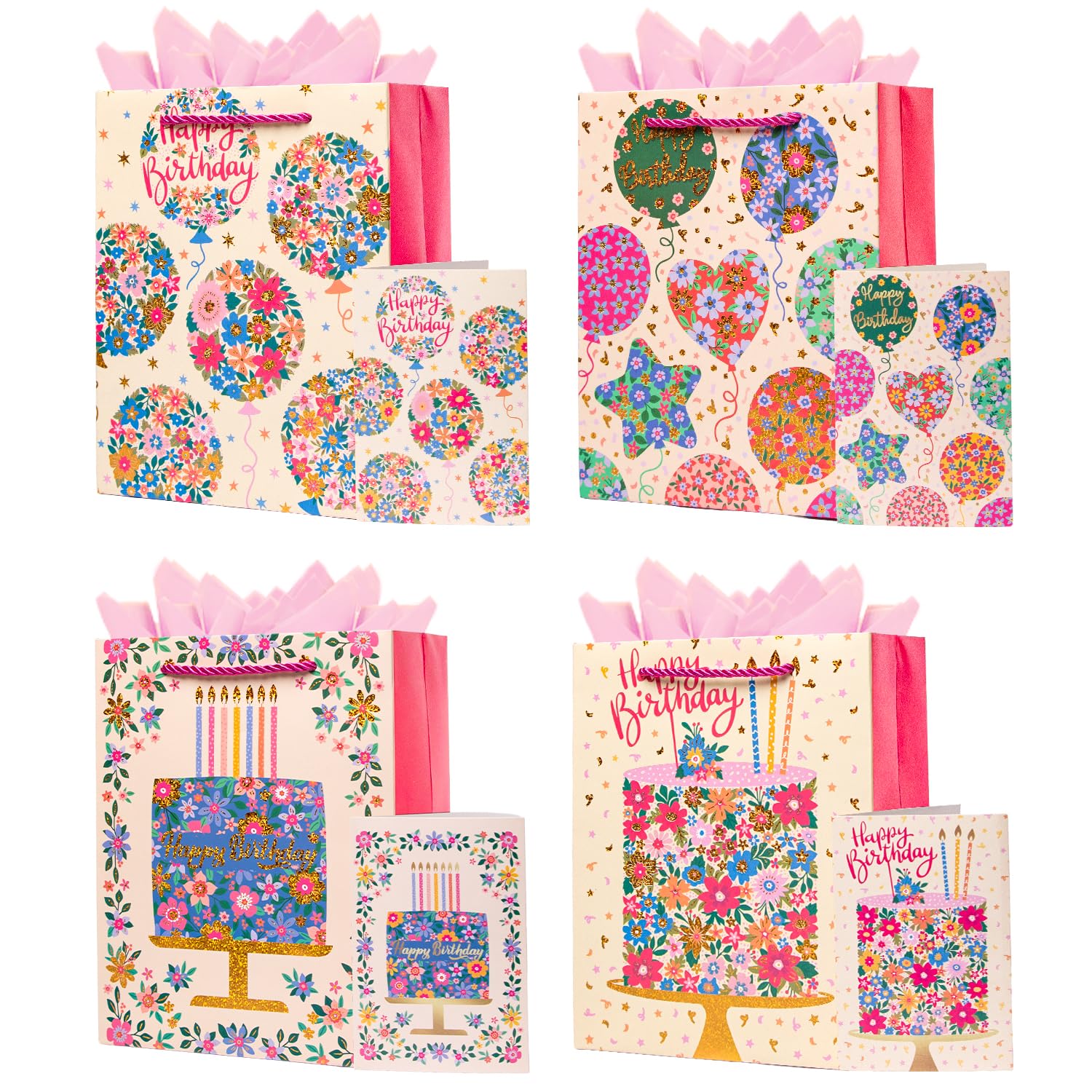 12.6‘’ Birthday Gift Bags with Tissue Paper & Gift Cards, 4Pcs Large Paper Bags with Handles for Gilr Women's Birthday Party Supplies (Pink)