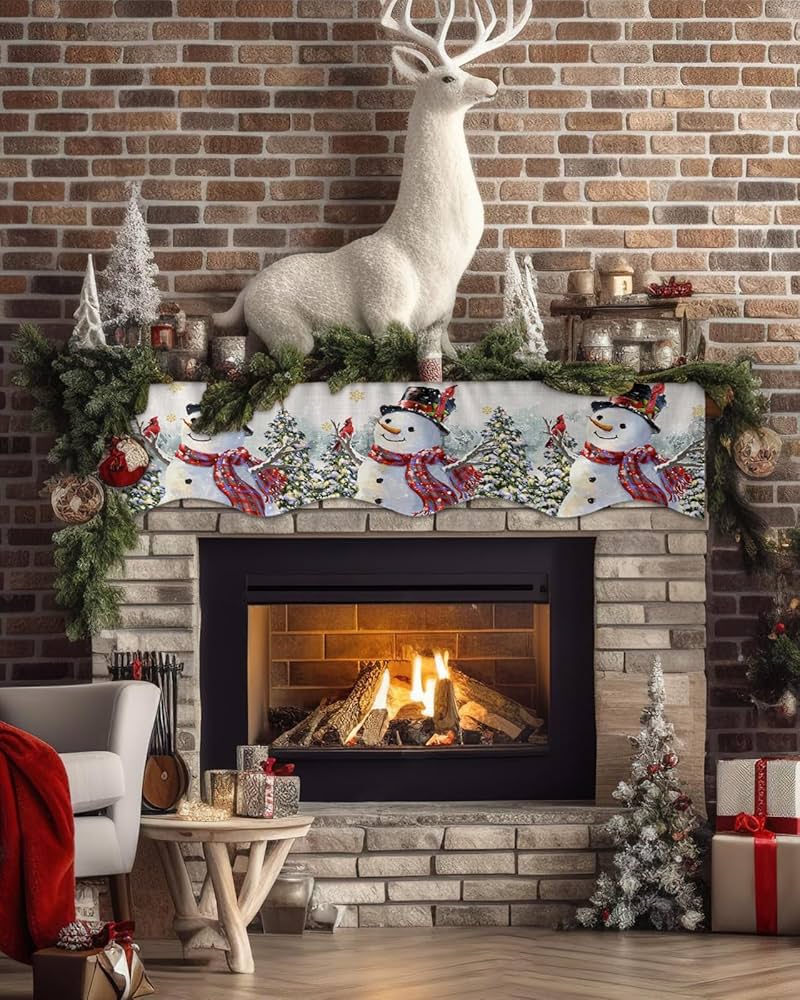 Amazon.com: Christmas Snowman Mantel Scarf Fireplace Decorations for Living Room, Winter Snowflake Xmas Tree Rustic Fireplace Mantel Scarf Cover ...