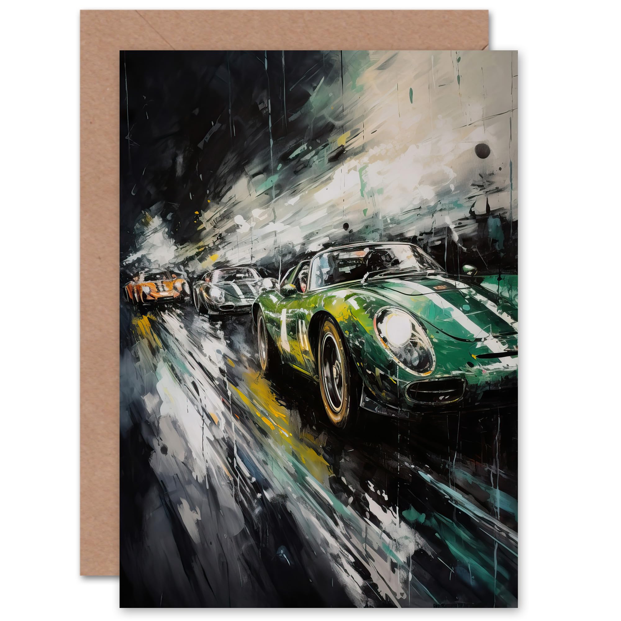 Artery8 Classic Racing Cars Night Scene British Green Motorsport for Husband Him Dad Son Brother Birthday Thank You Congratulations Blank Art Greeting Card