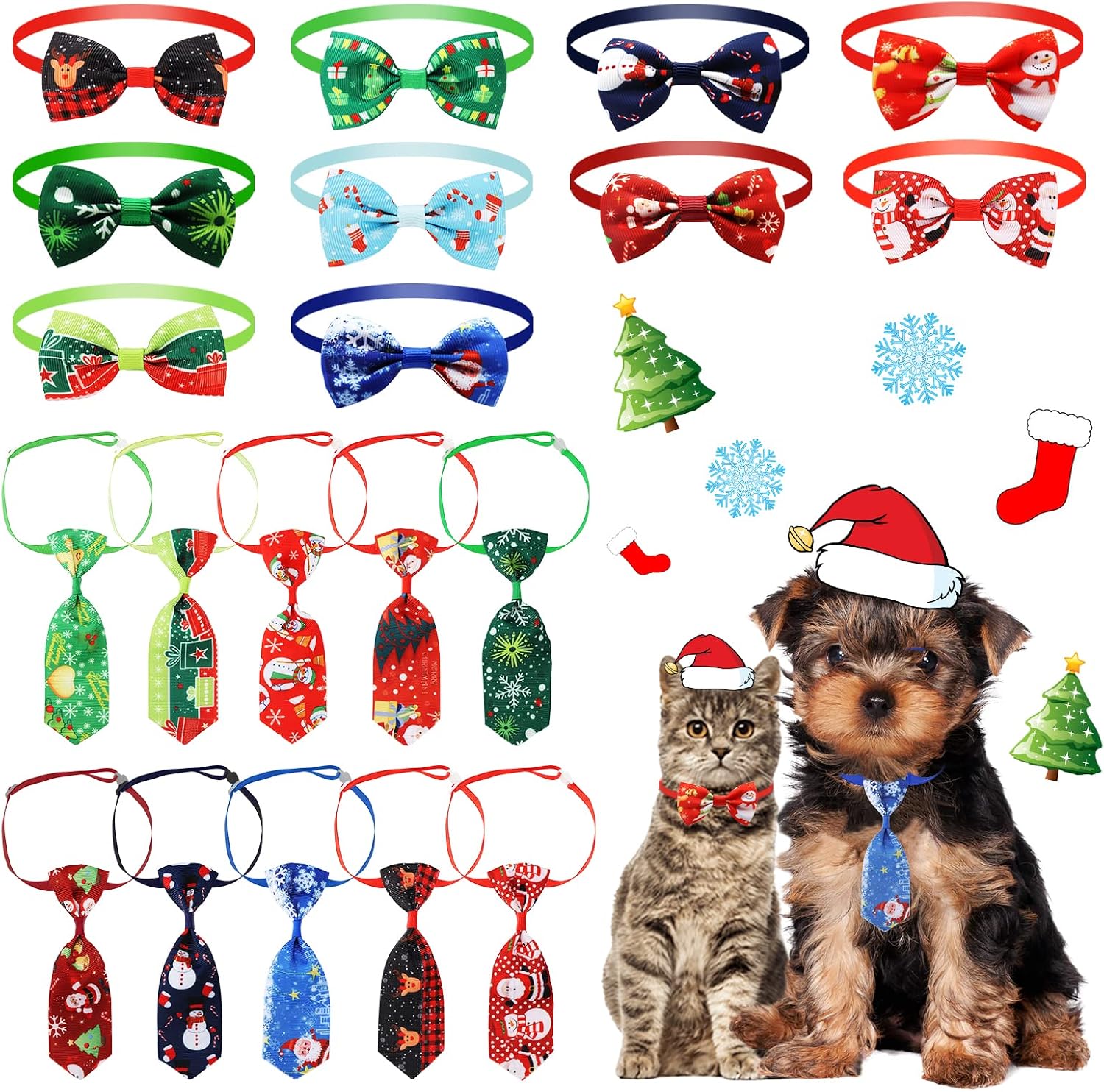20pcs Dog Christmas Bow Tie with Collar for Small Pets Decoration, 10Pcs Santa Snowman Bell Dog Neckties and 10Pcs Xmas Tree Socks…