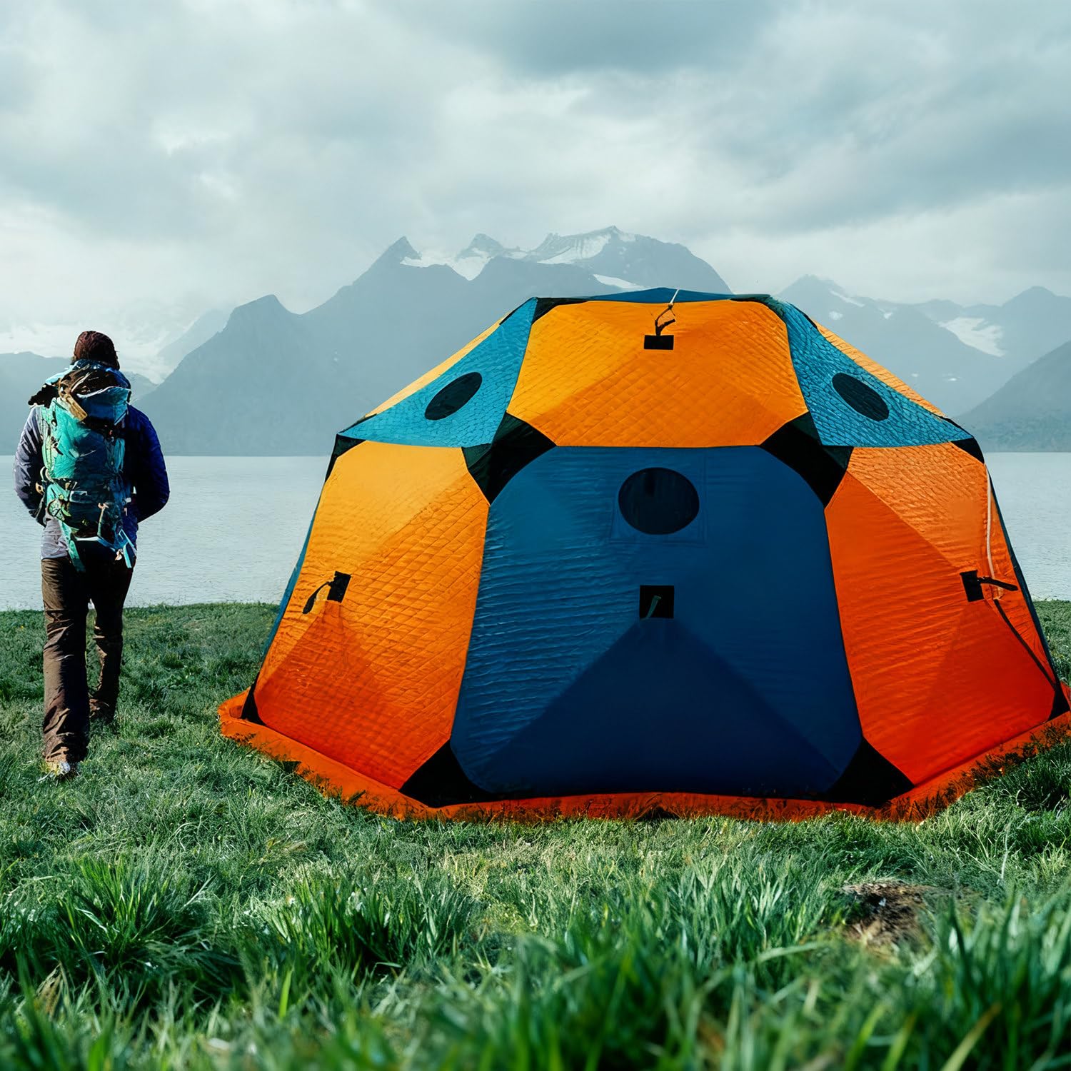 SENJINGHUA Pop-Up Ice Fishing Shelter with Stove Jack & Insulated Floor, 420D Windproof Hexagon Tent for 6-10 Persons, Includes Ice Anchors & Carry Bag, Portable Ice Hut for Winter Fishing Orange