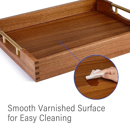 Miniatura 4 de LotFancy Bandeja de madera para servir con asas de metal, 17 x 13 pulgadas, bandeja otomana grande, bandeja decorativa de madera para sala de estar,