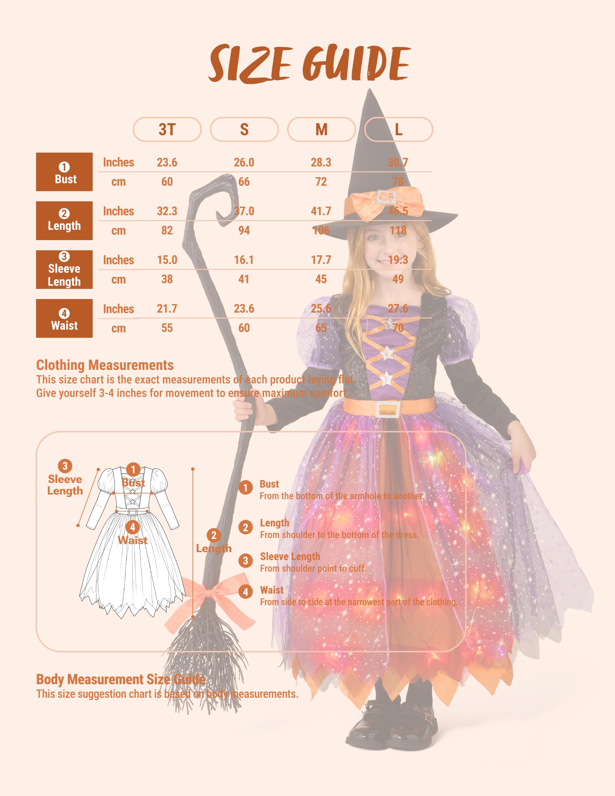 Spooktacular Creations Kostium czarownicy LED, podświetlany kostium czarownicy, pomarańczowy i fioletowy, z kapeluszem, uroczy kostium czarownicy, fantastyczne wzornictwo