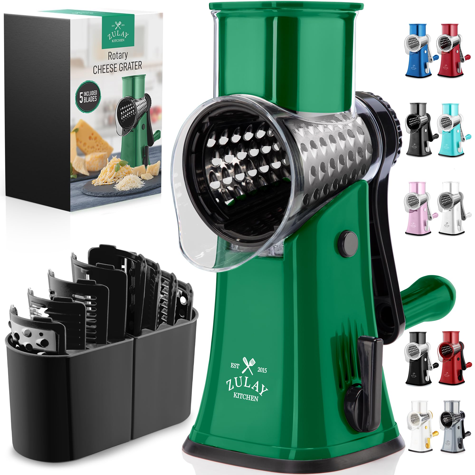Rotary Cheese Grater Manual Hand Crank 5 Blade Shredder, Green &amp; Black