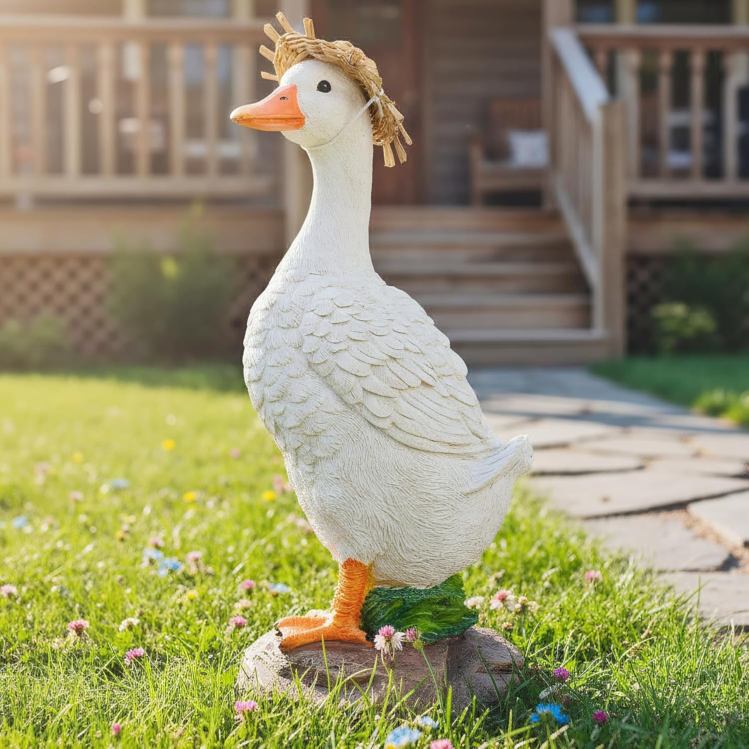 Euronet 12" Whimsical Resin Duck Statue - Funny Garden Porch Goose Decor for Patio, Farm, Backyard & Fence