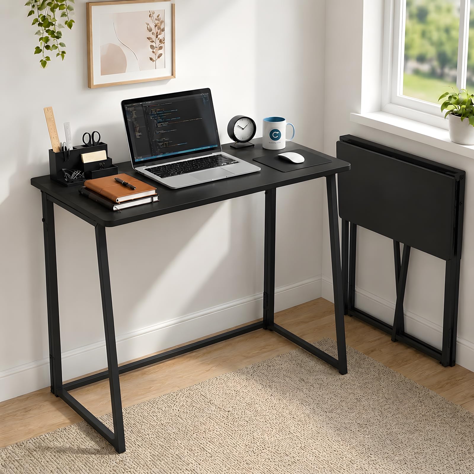 Bureau Pliable Bureau Informatique Table Ordinateur pour Télétravail Chambre étudiant Studio Gain de Place Montage Simple Angles arrondis Noir Lot de 1 80x40x74cm