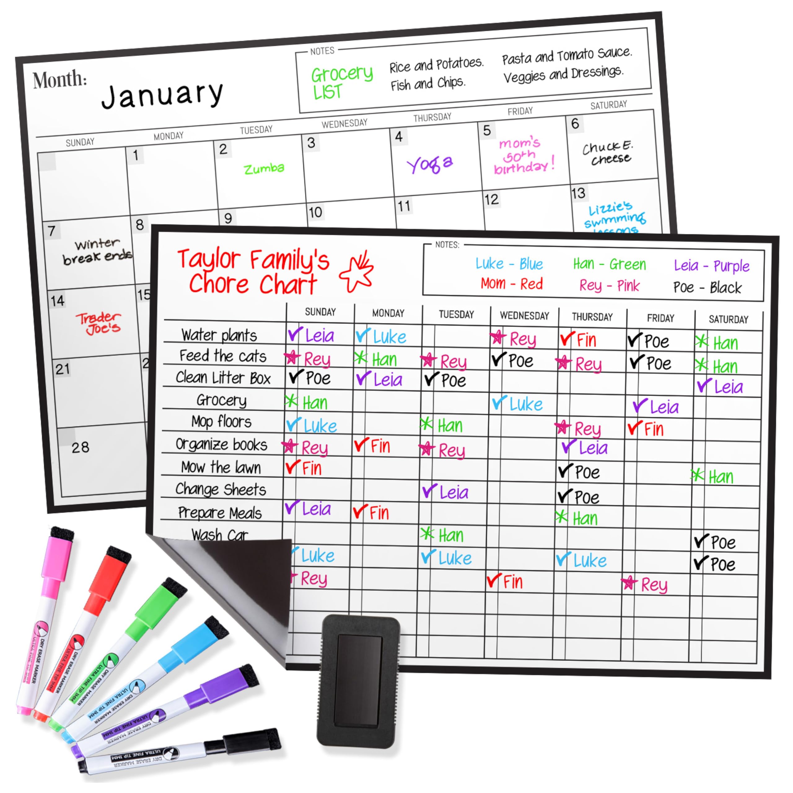 Cinch Magnetic Dry Erase Calendar & Chores Chart for Kids Bundle for Fridge: 2 Boards Included 17"x12", 6 Fine Tip Markers & Large Eraser w/Magnets, Chore Chart Magnetic Board for Kids and Adults