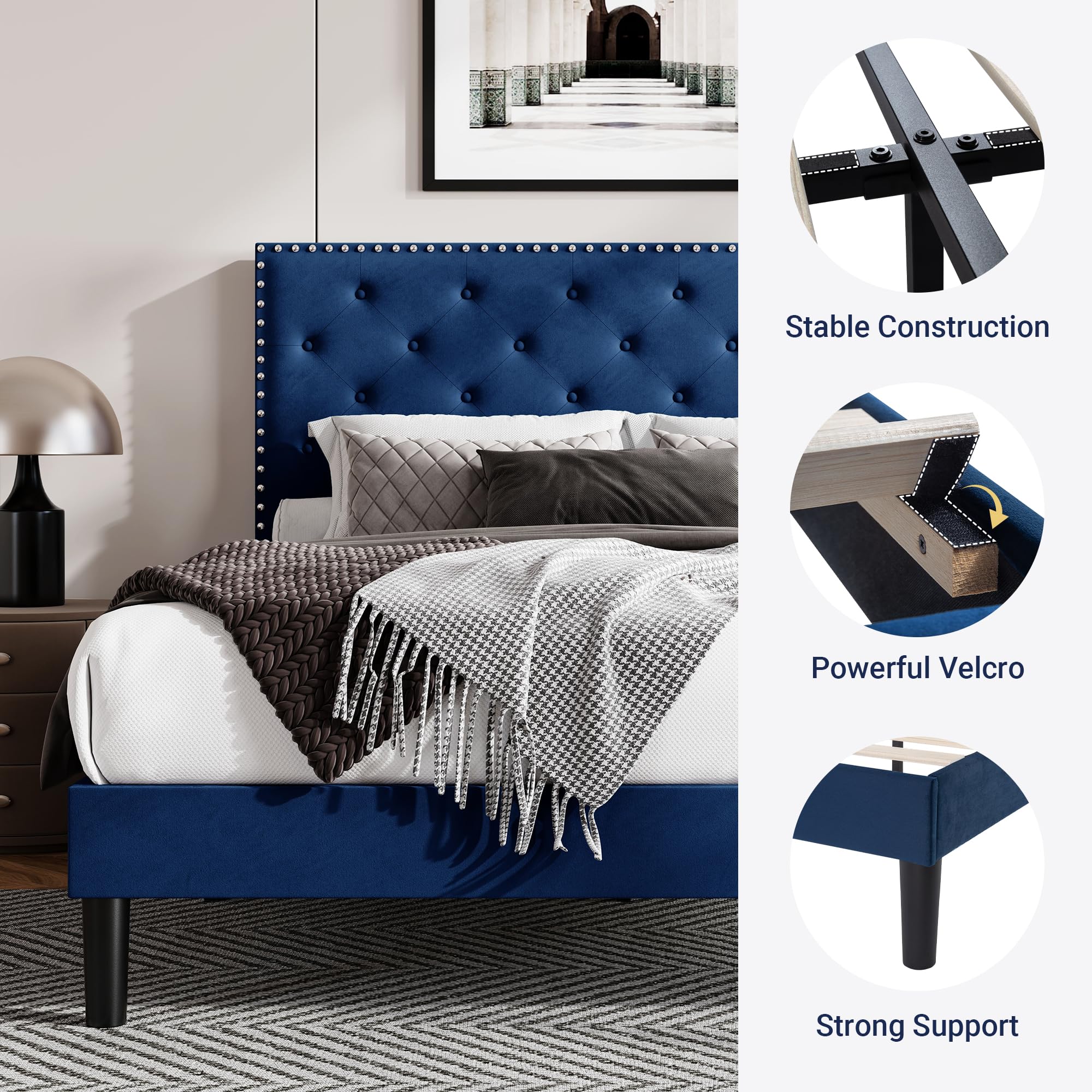 Ashley Furniture クイーンベッドフレーム ヘッドボード　ネイビー Amazon｜Allewie クイーンサイズ ベルベット布張りプラットフォーム