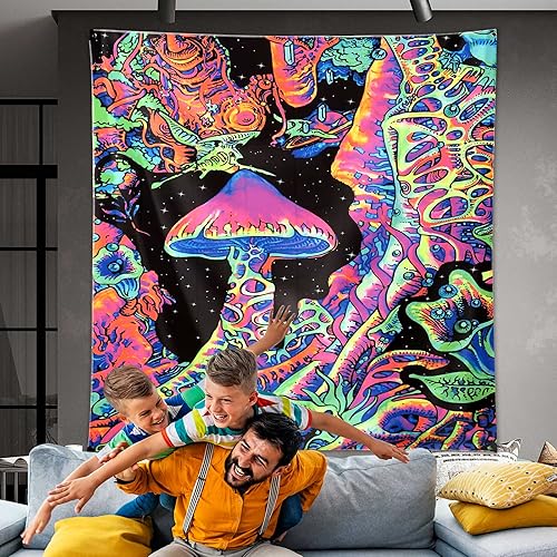 Miniatura 59 de ADDWel Tapiz de calavera de luz negra, tapiz psicodélico negro que brilla en la oscuridad, tapices reactivos a los rayos UV, carteles para colgar