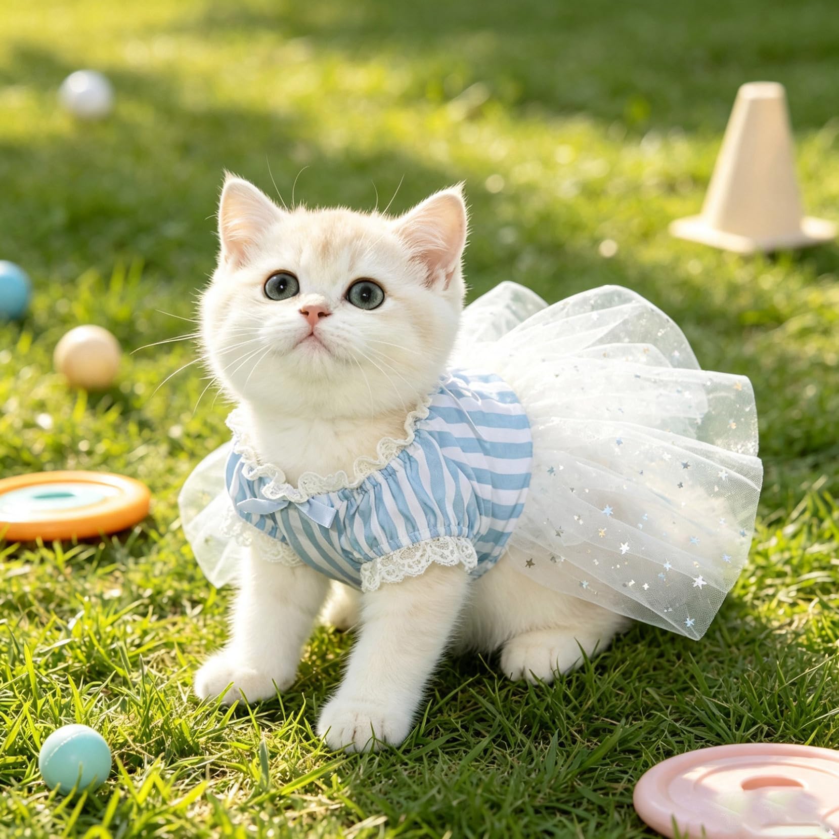 Yartina Vestito per cani di piccola taglia, in tulle, a righe, con stelle, blu, taglia S
